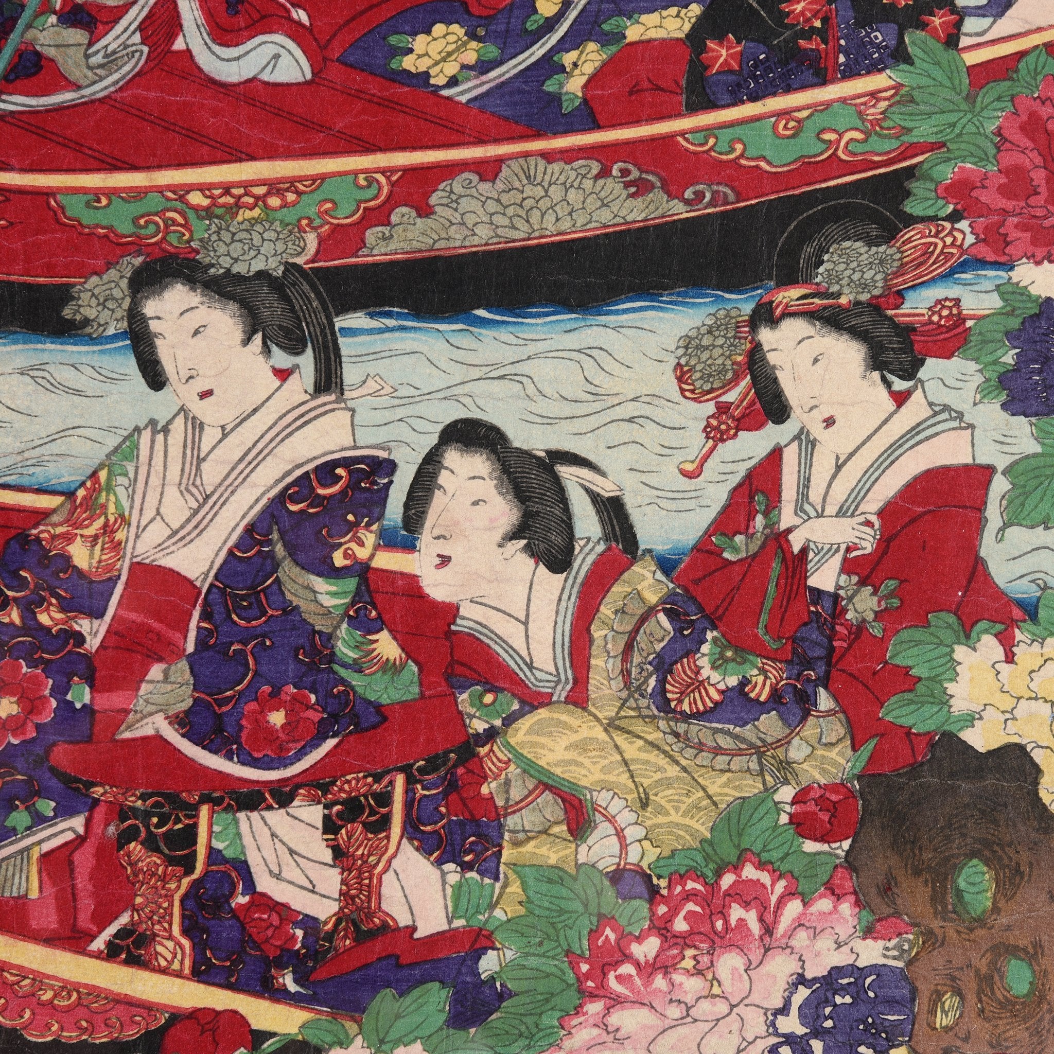 Framed Triptych Woodblock Print By Chikanobu - Ca 1890 - Image 2