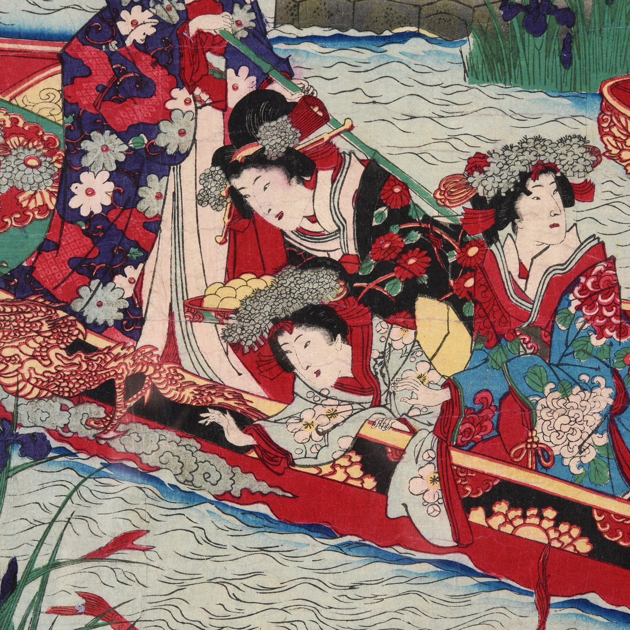 Framed Triptych Woodblock Print By Chikanobu - Ca 1890 - Image 6