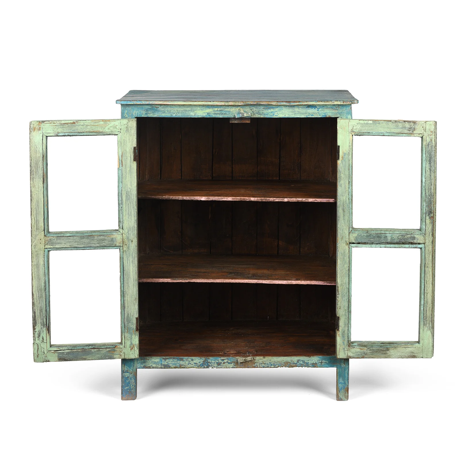 Mint Painted Teak Glazed Side Cabinet From Gujarat - Ca 1940 - Image 2