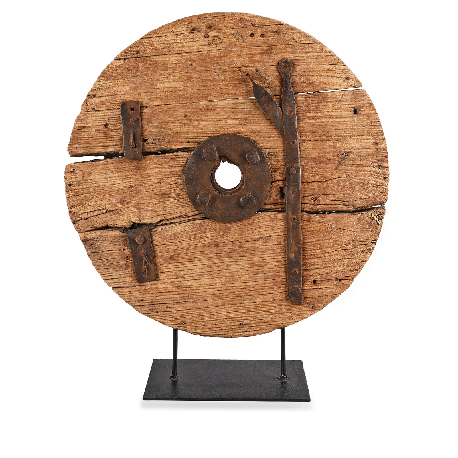 Old Elm Wheel On Stand From Shanxi - 19th Century