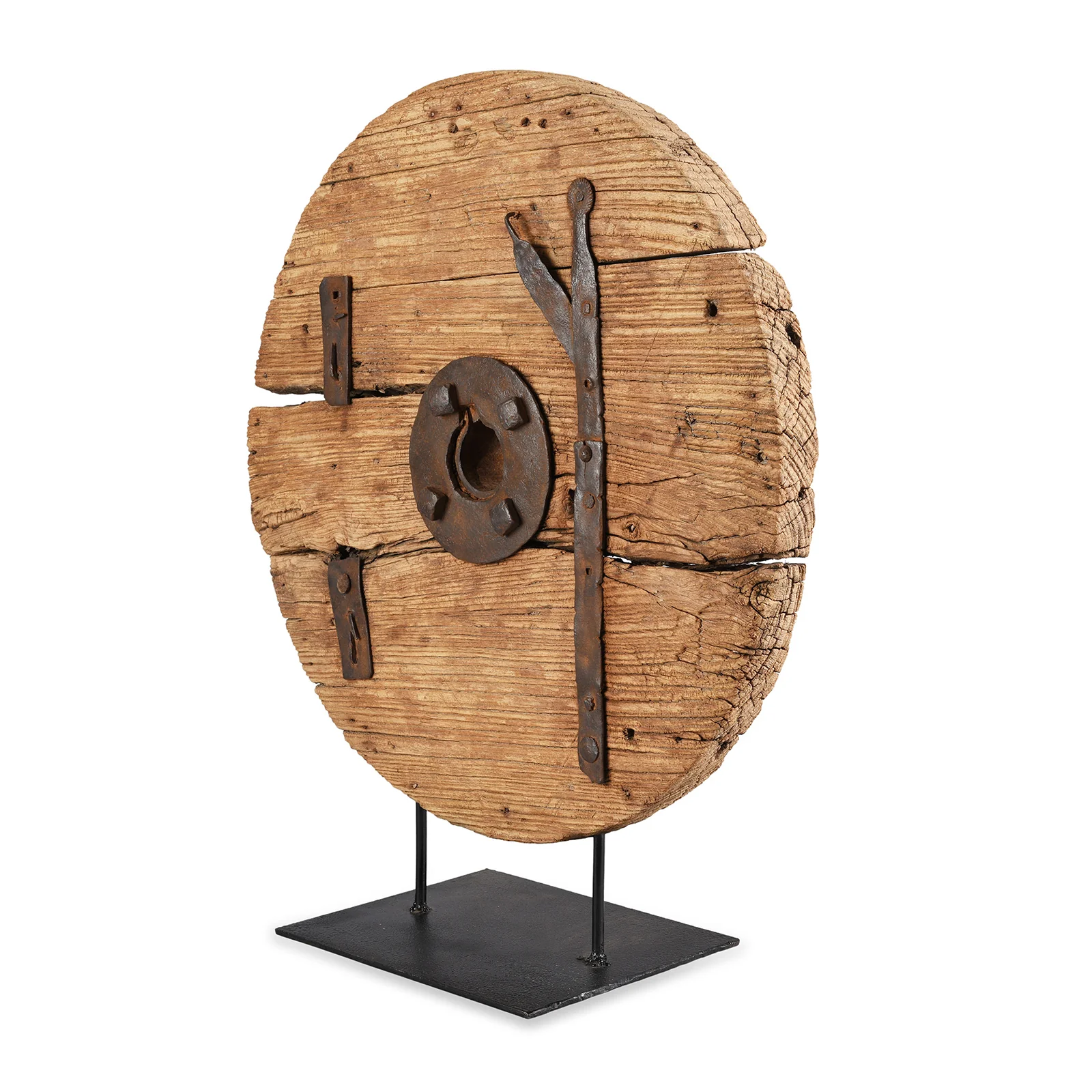 Old Elm Wheel On Stand From Shanxi - 19th Century - Image 4