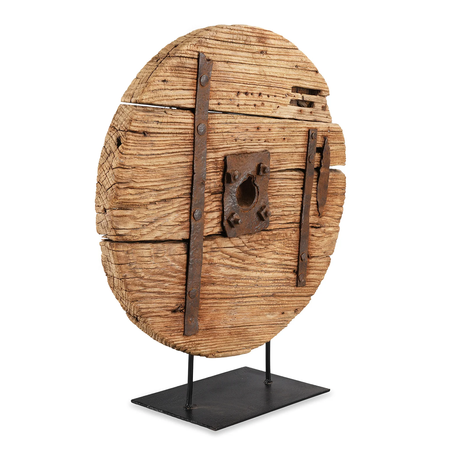 Old Elm Wheel On Stand From Shanxi - 19th Century - Image 5