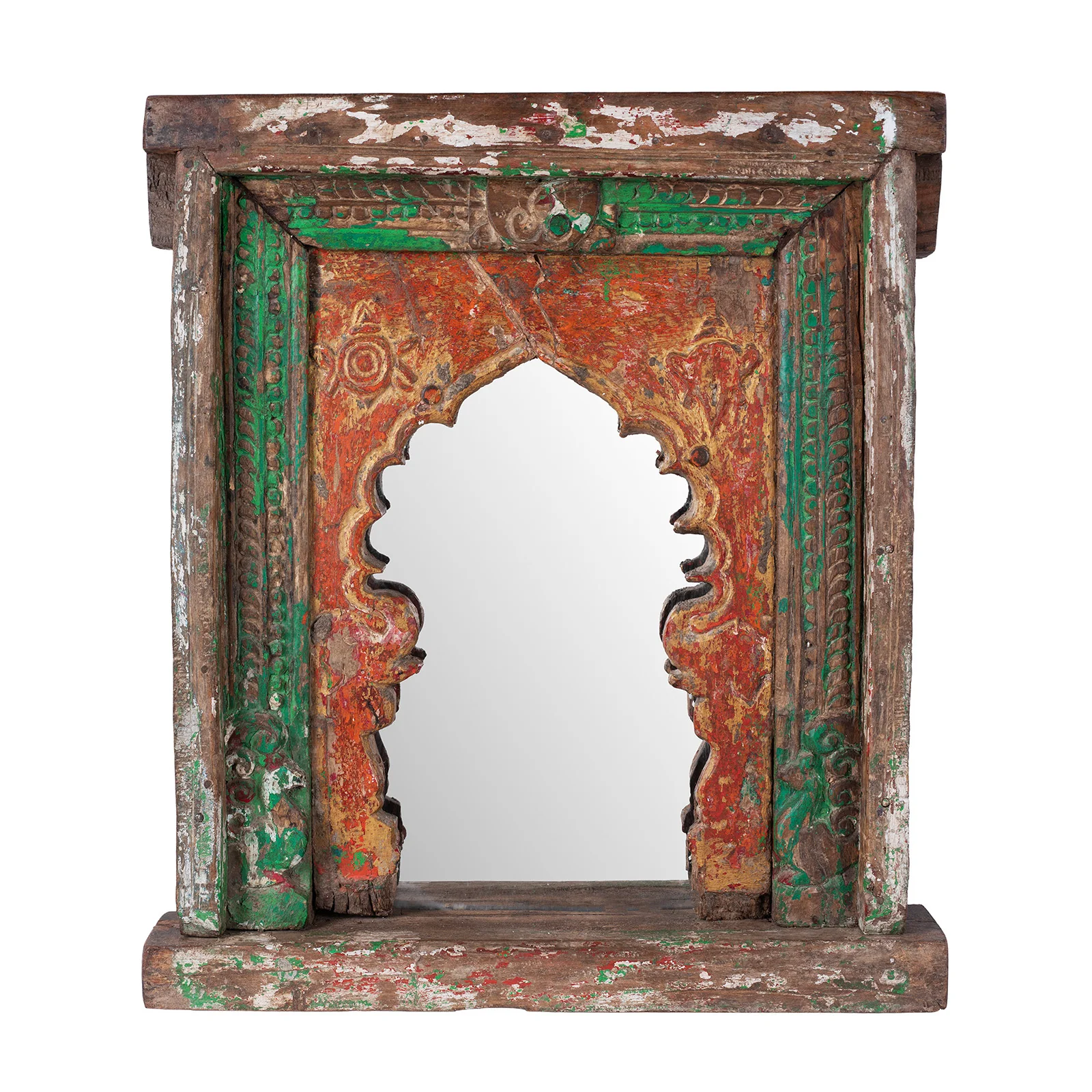 Painted Mirror Made From Window Niche From Banswara - 19th Century