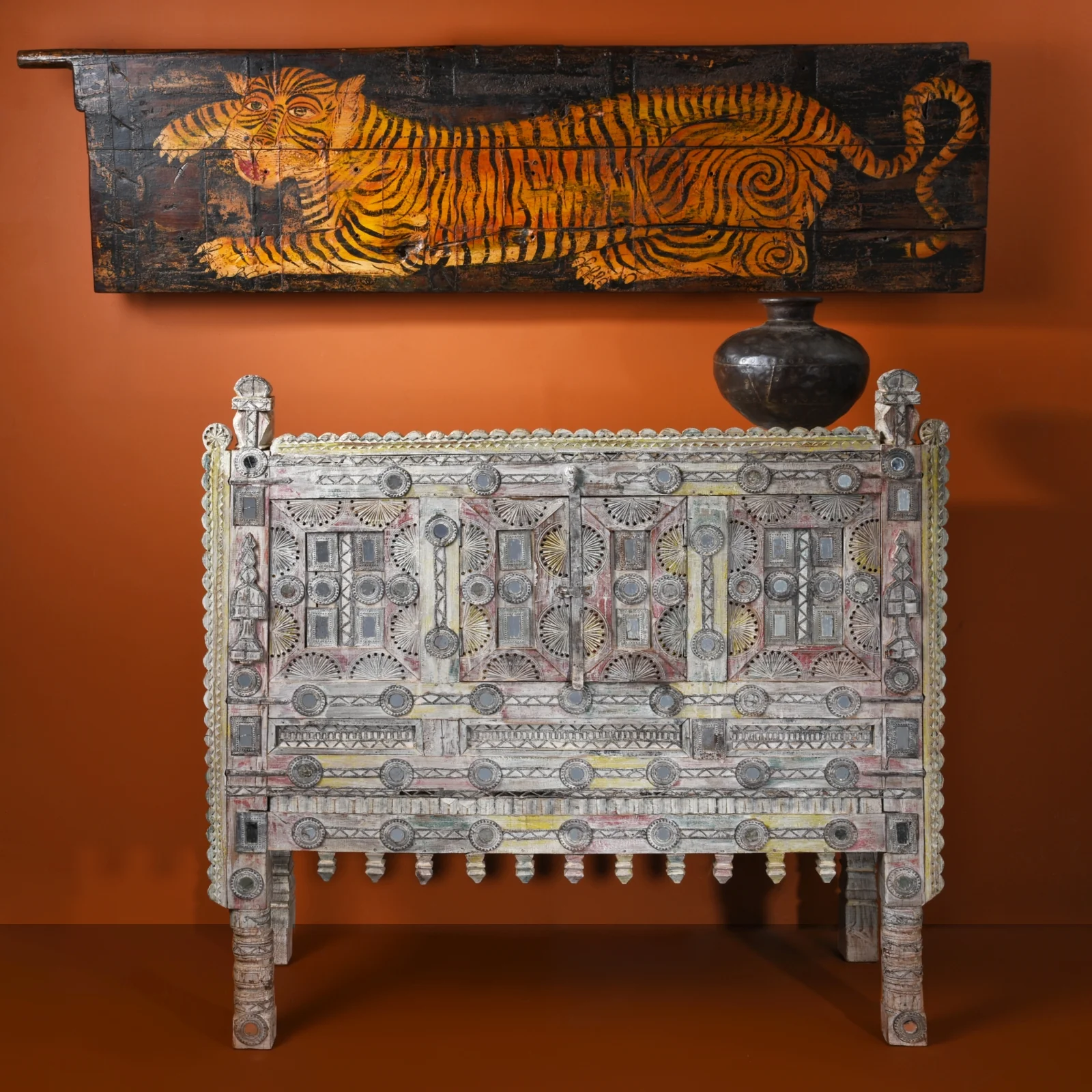 Vintage Painted Indian Tiger Panel