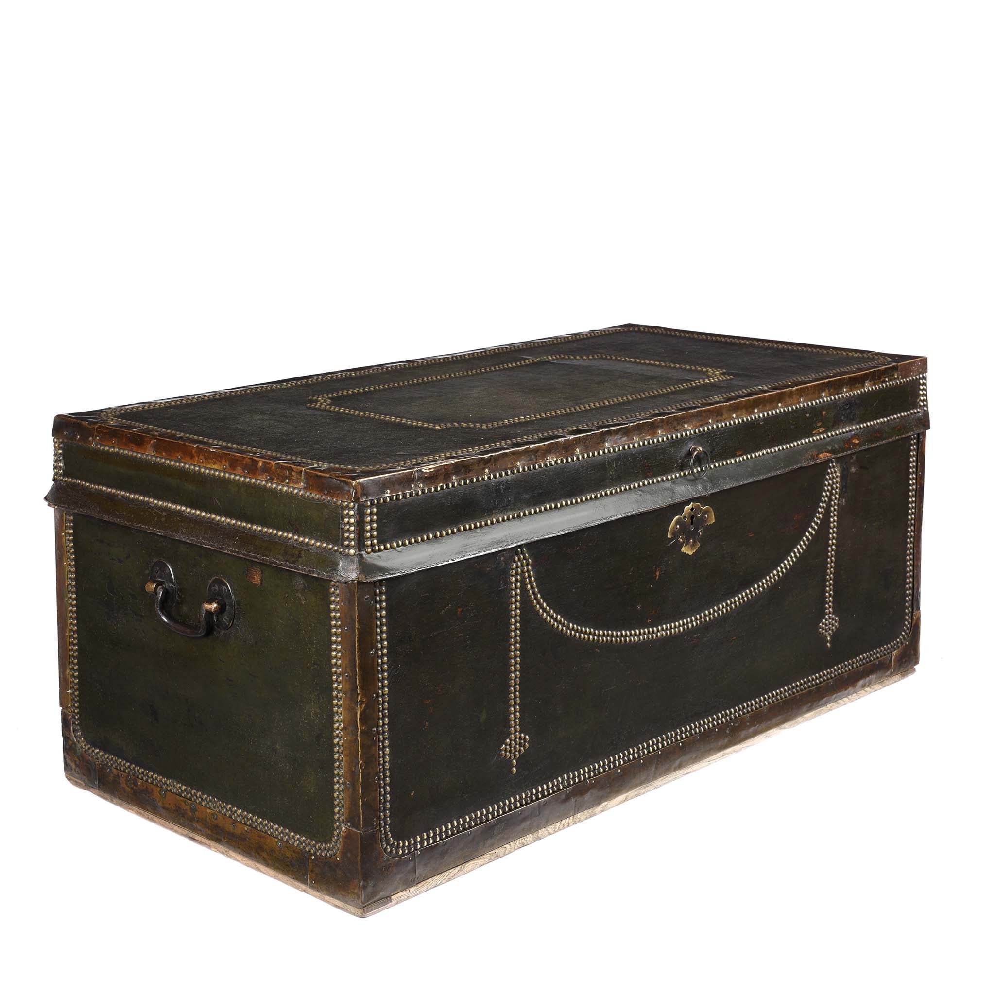 Dark Green Leather Camphor Trunk - Early 19th Century