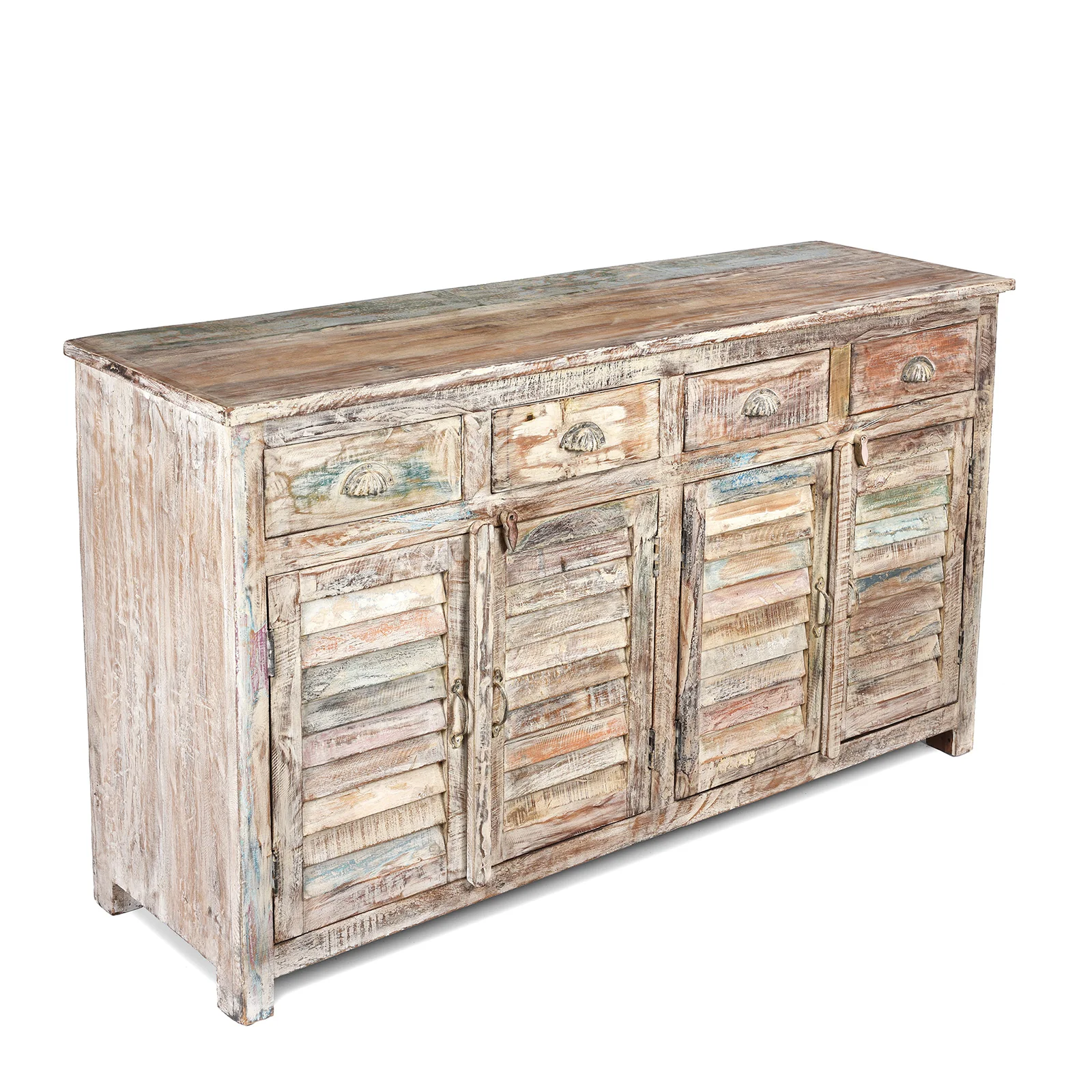 Painted 4 Door Louvre Sideboard Made From Reclaimed Teak - Image 3