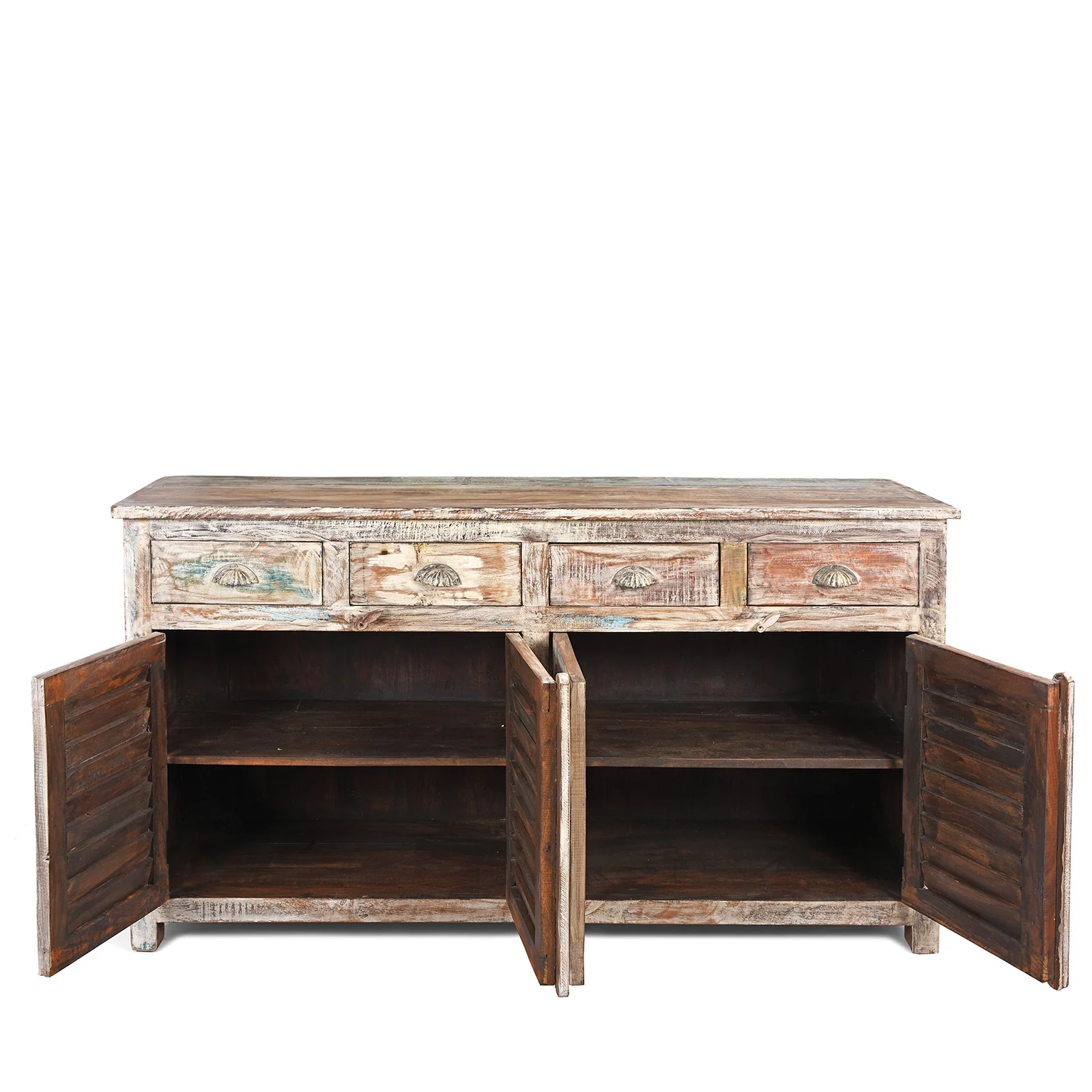 Painted 4 Door Louvre Sideboard Made From Reclaimed Teak - Image 4
