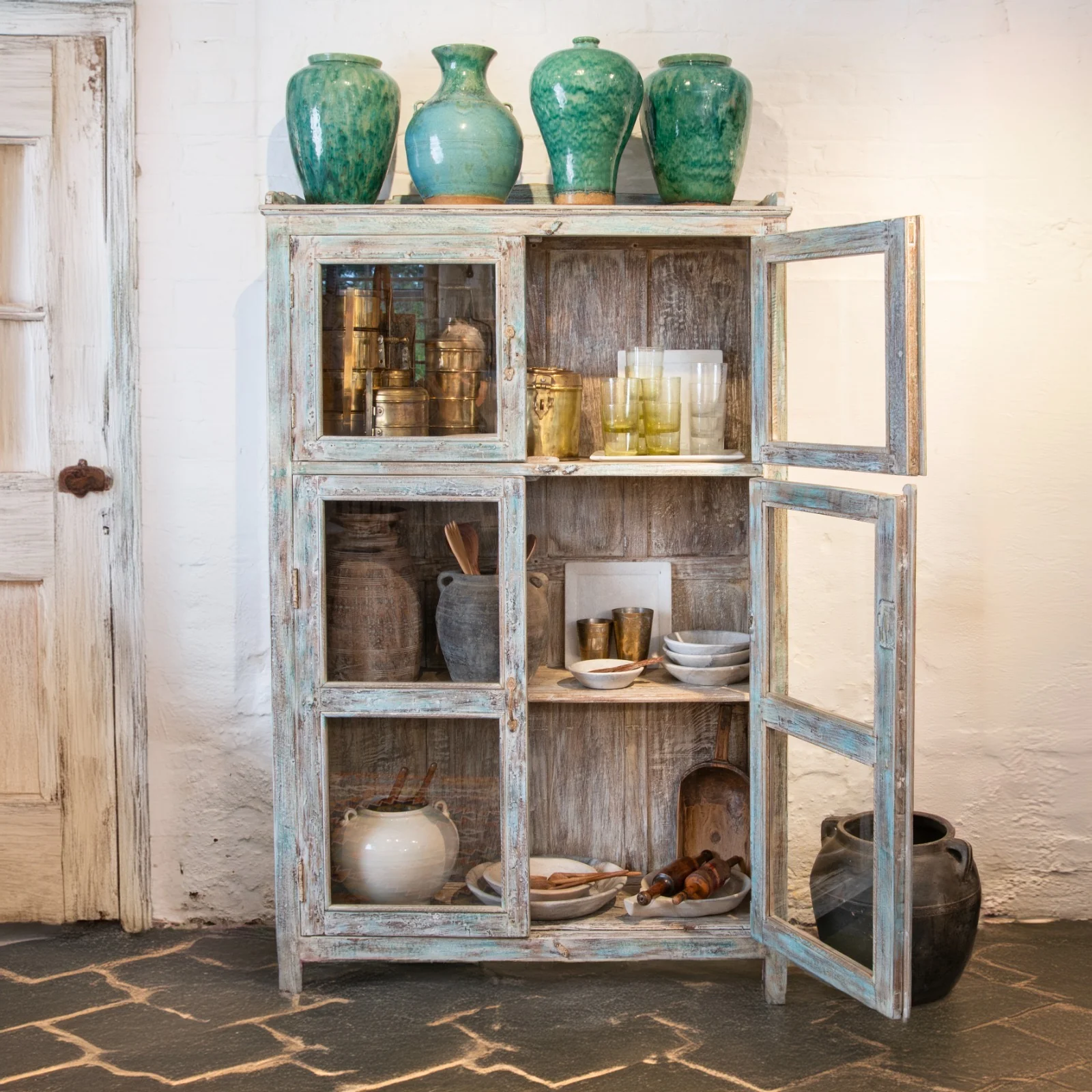 Painted Indian Glass Book Cabinet - 1920's