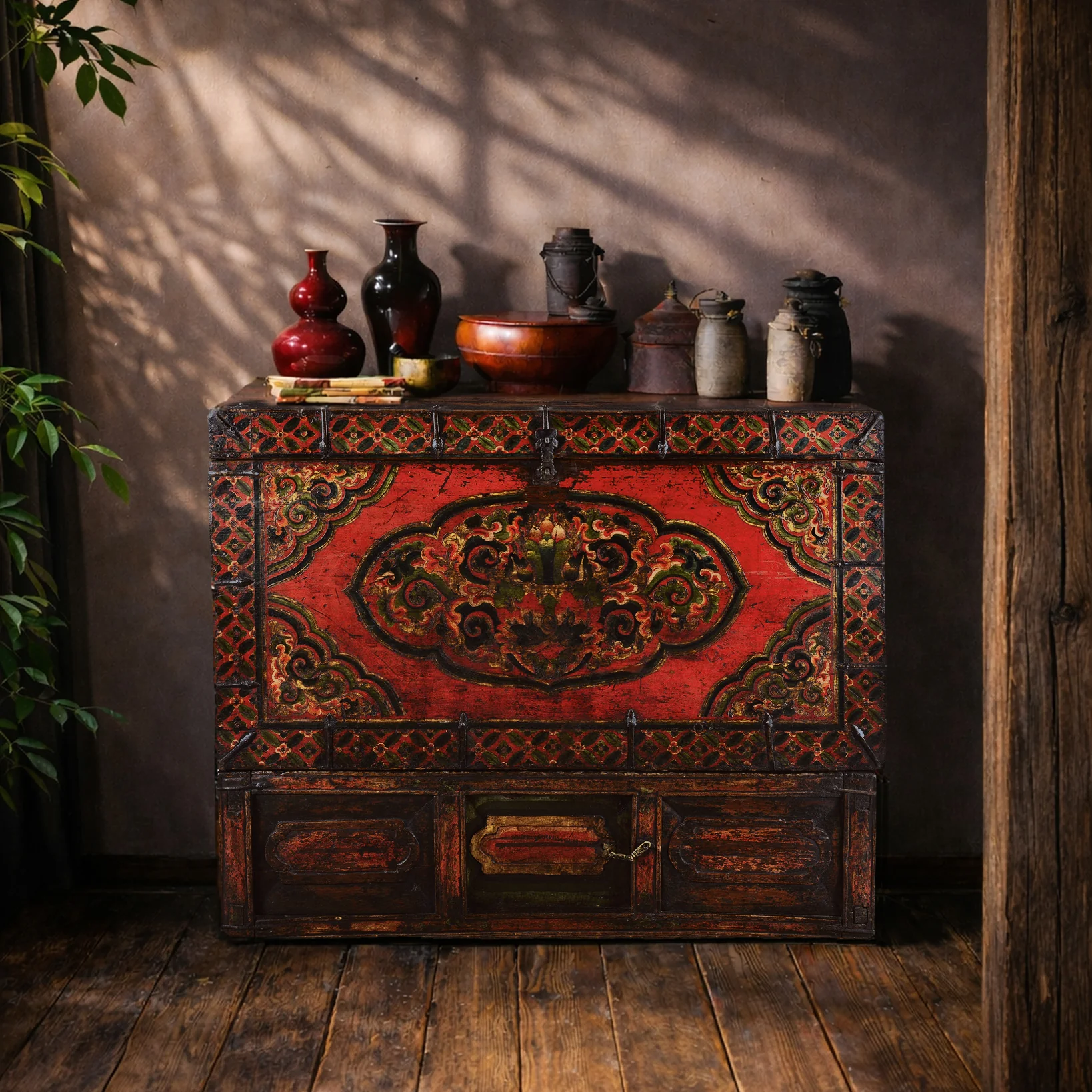 Painted Tibetan Storage Chest On Stand - 18th Century