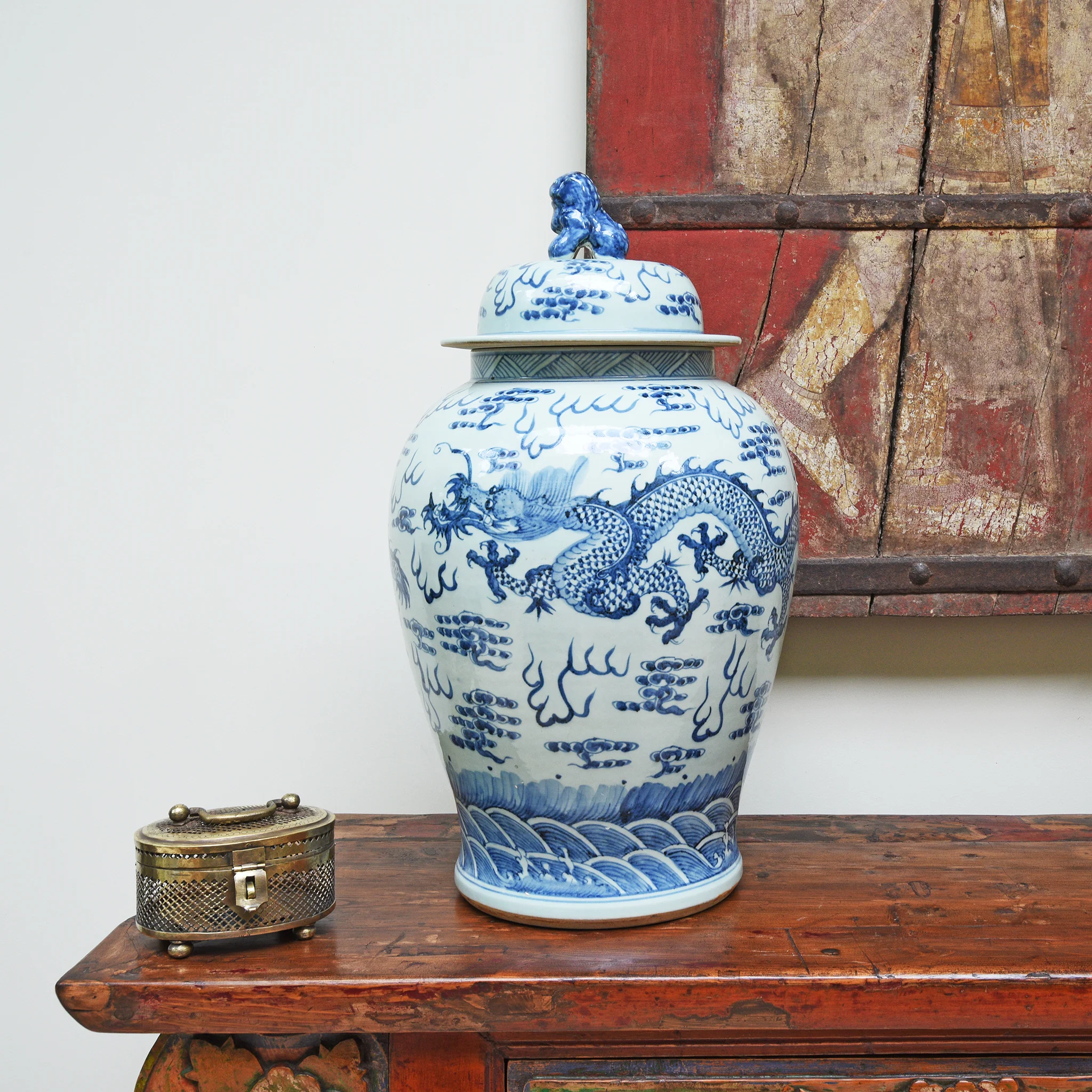 Blue & White Dragon Temple Jar