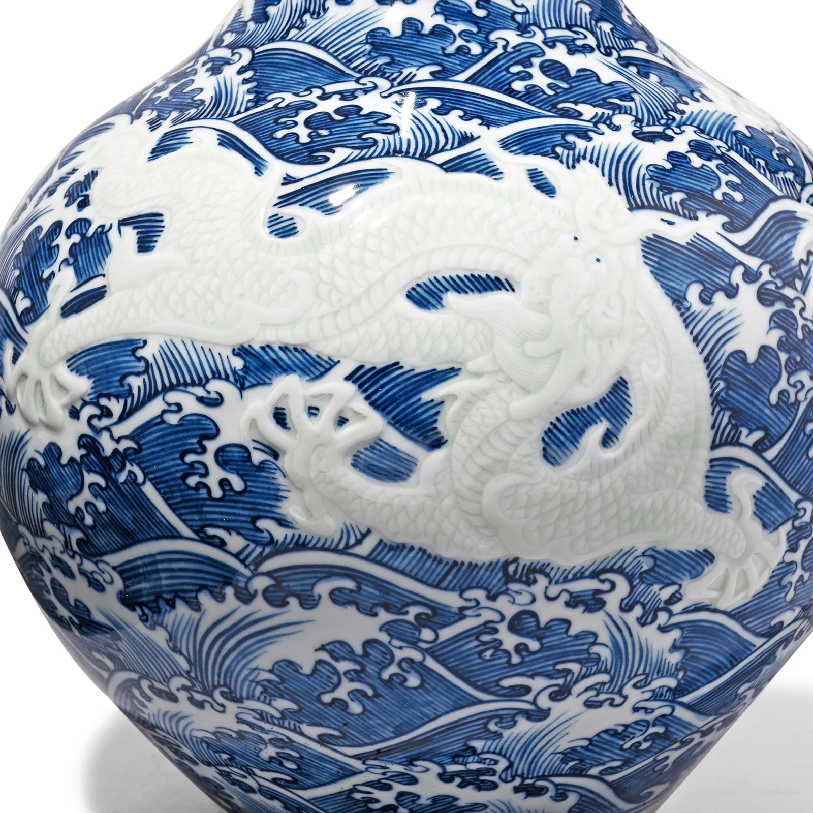 Blue & White Porcelain Tianqiuping Vase - Wave Dragons - Image 2