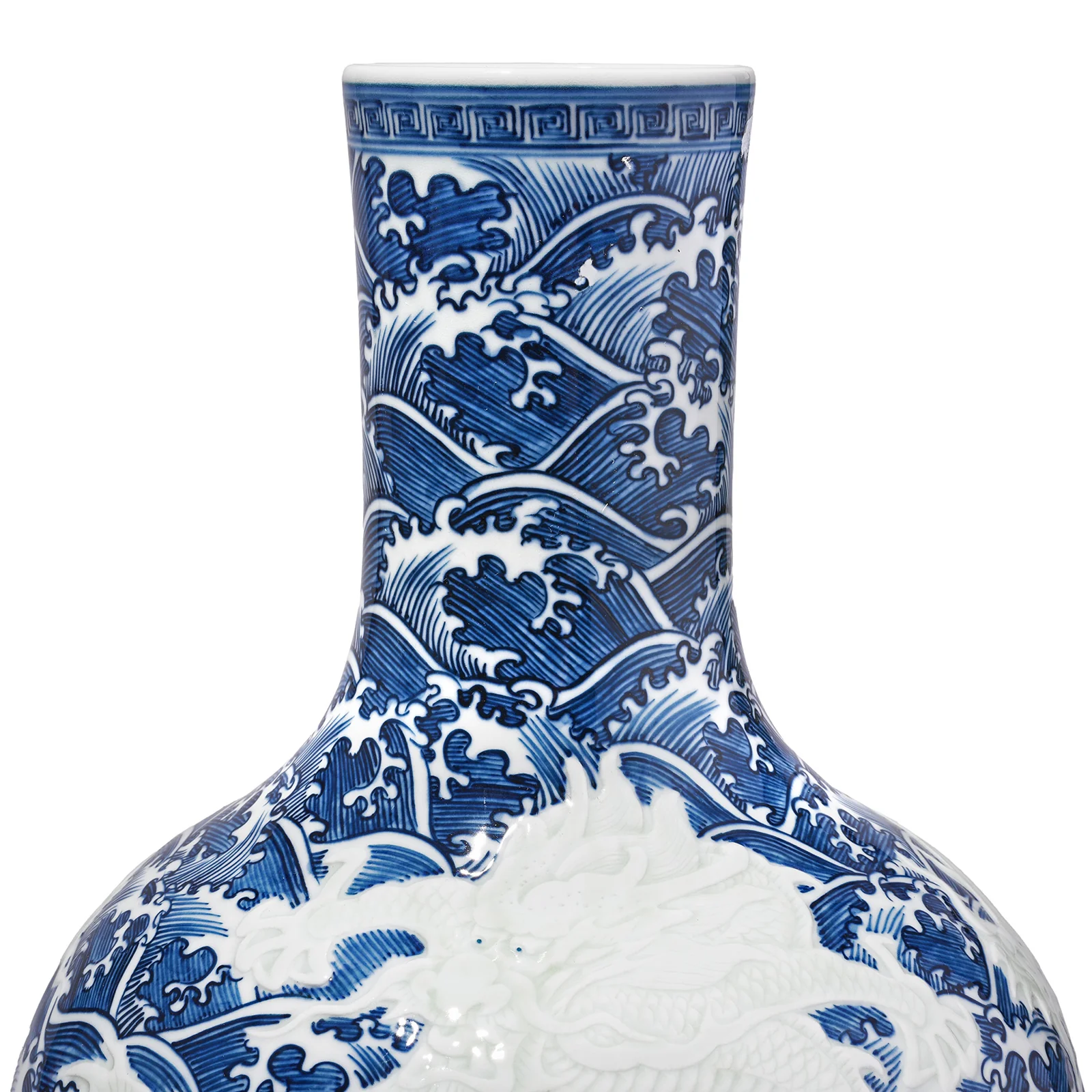Blue & White Porcelain Tianqiuping Vase - Wave Dragons - Image 3
