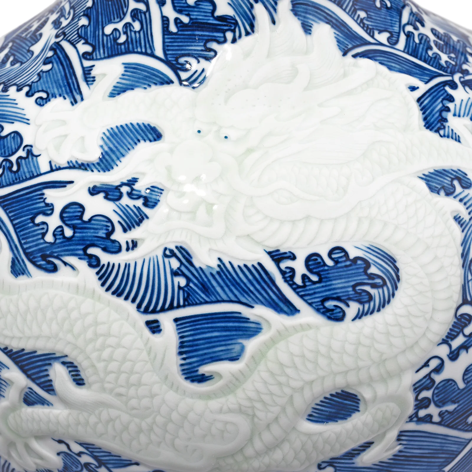 Blue & White Porcelain Tianqiuping Vase - Wave Dragons - Image 5