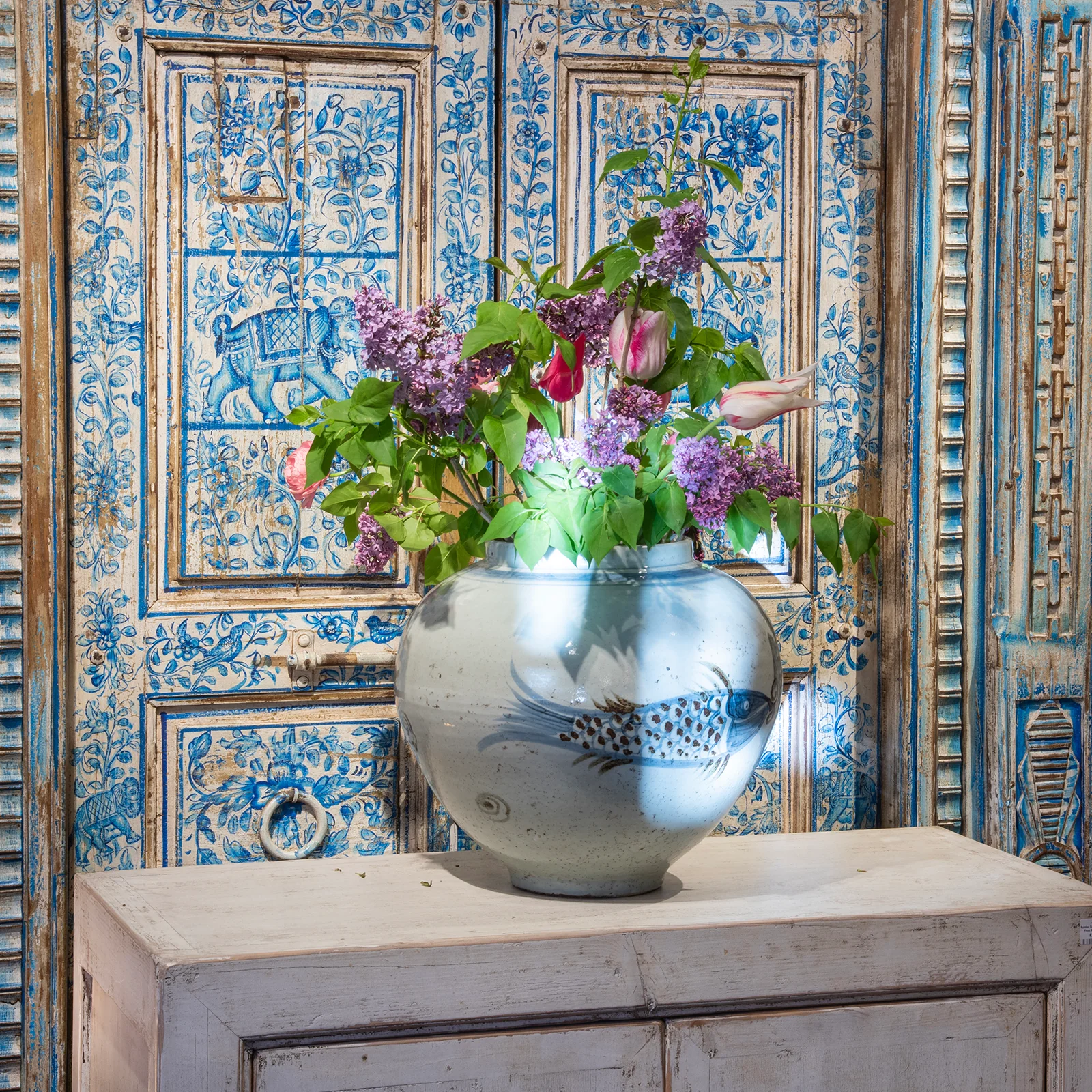 Provincial Style Blue & White Porcelain Jar - Fish - Image 2