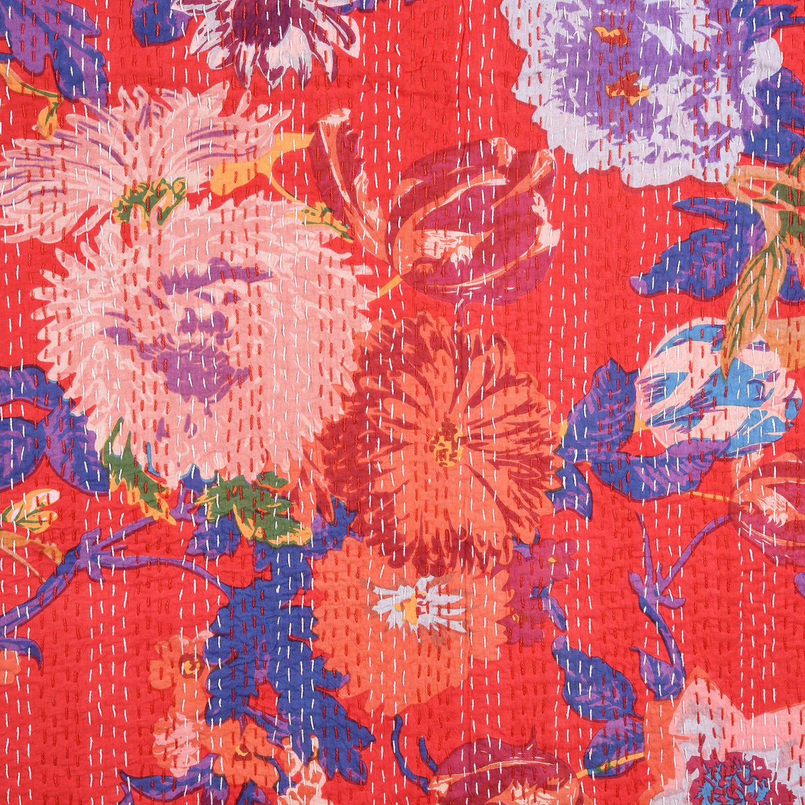 Red Floral Hand Block Printed Cotton Kantha Throw  - Double bed Size - Image 4