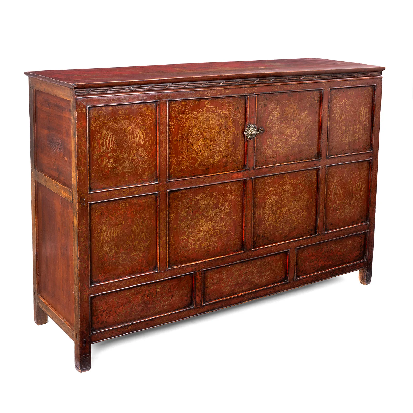 Red & Gold Painted Altar Cabinet From Central Tibet - 19th Century - Image 7