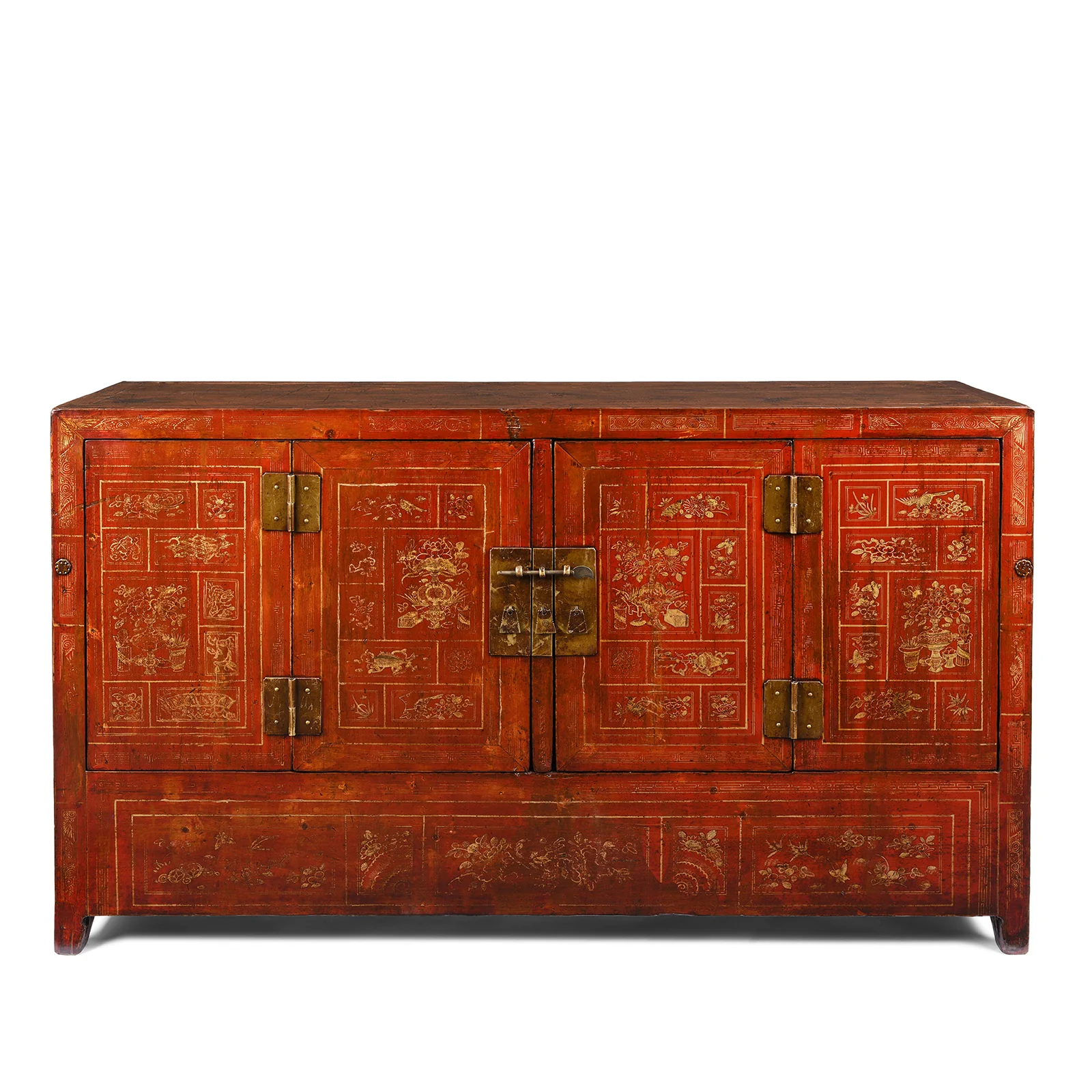 Red Lacquer Chinese Sideboard From Dongbei - Ca 1920