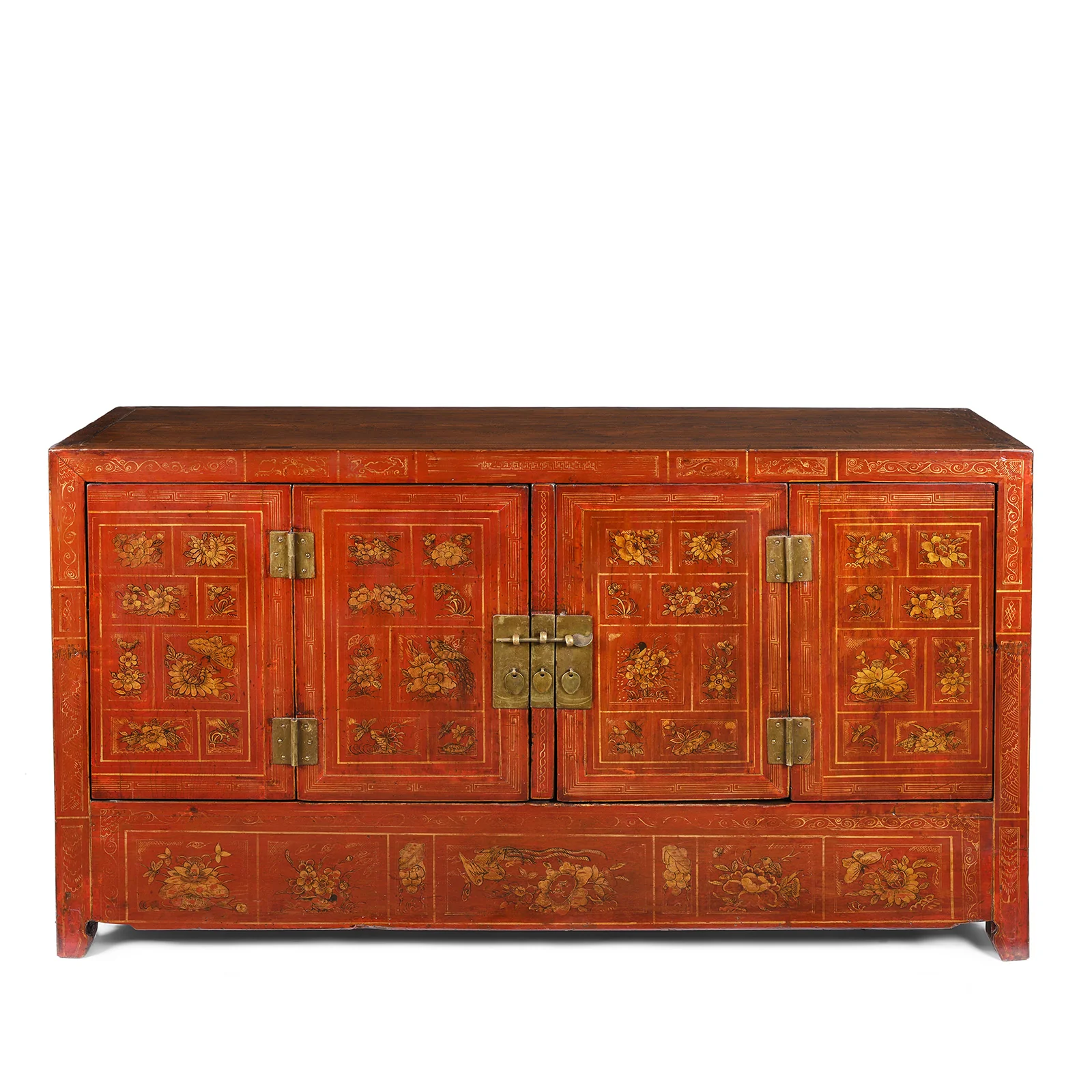 Red Lacquer Chinese Sideboard From Dongbei - Ca 1920