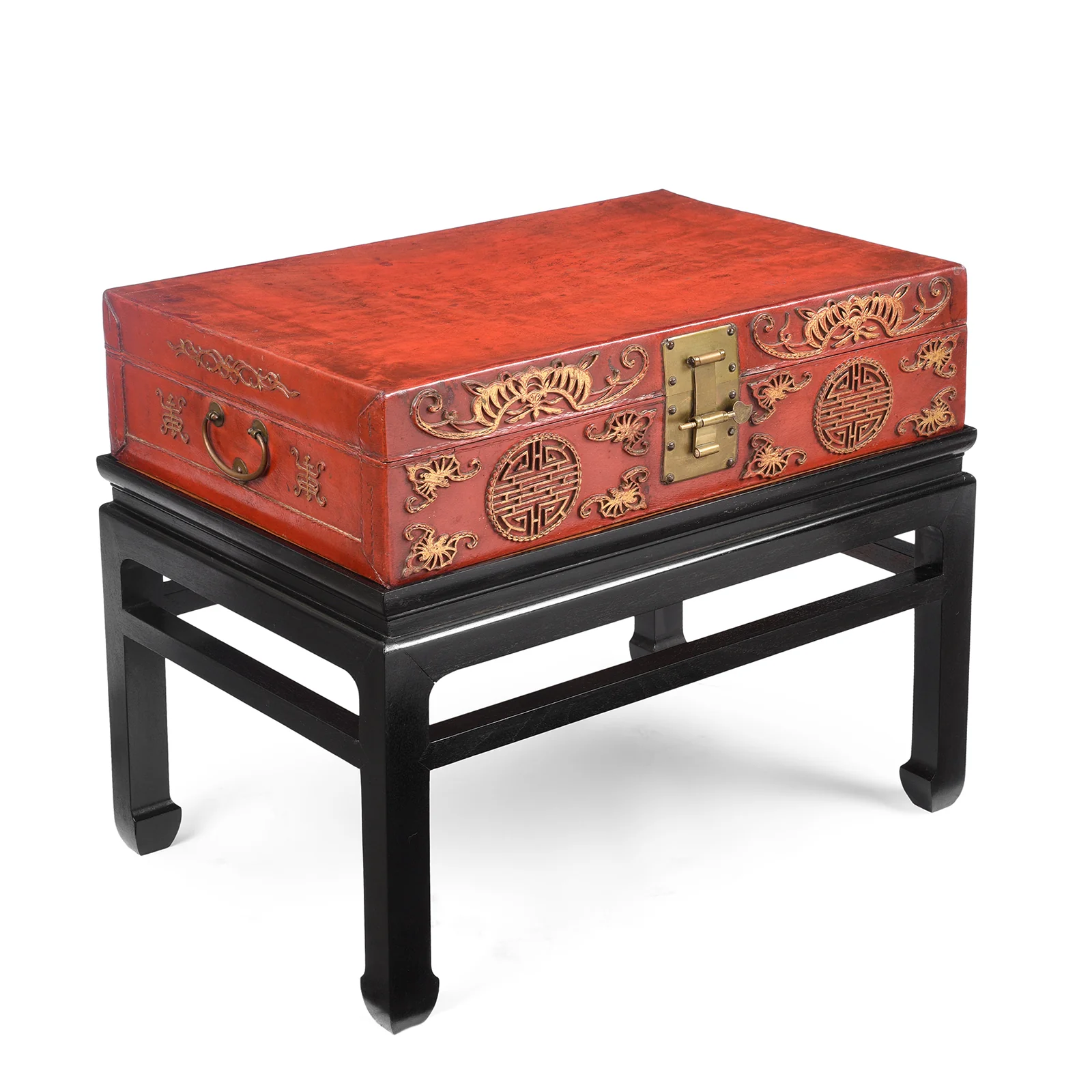 Red Leather Parcel Gilt Trunk On Stand - Late 19th Century - Image 3