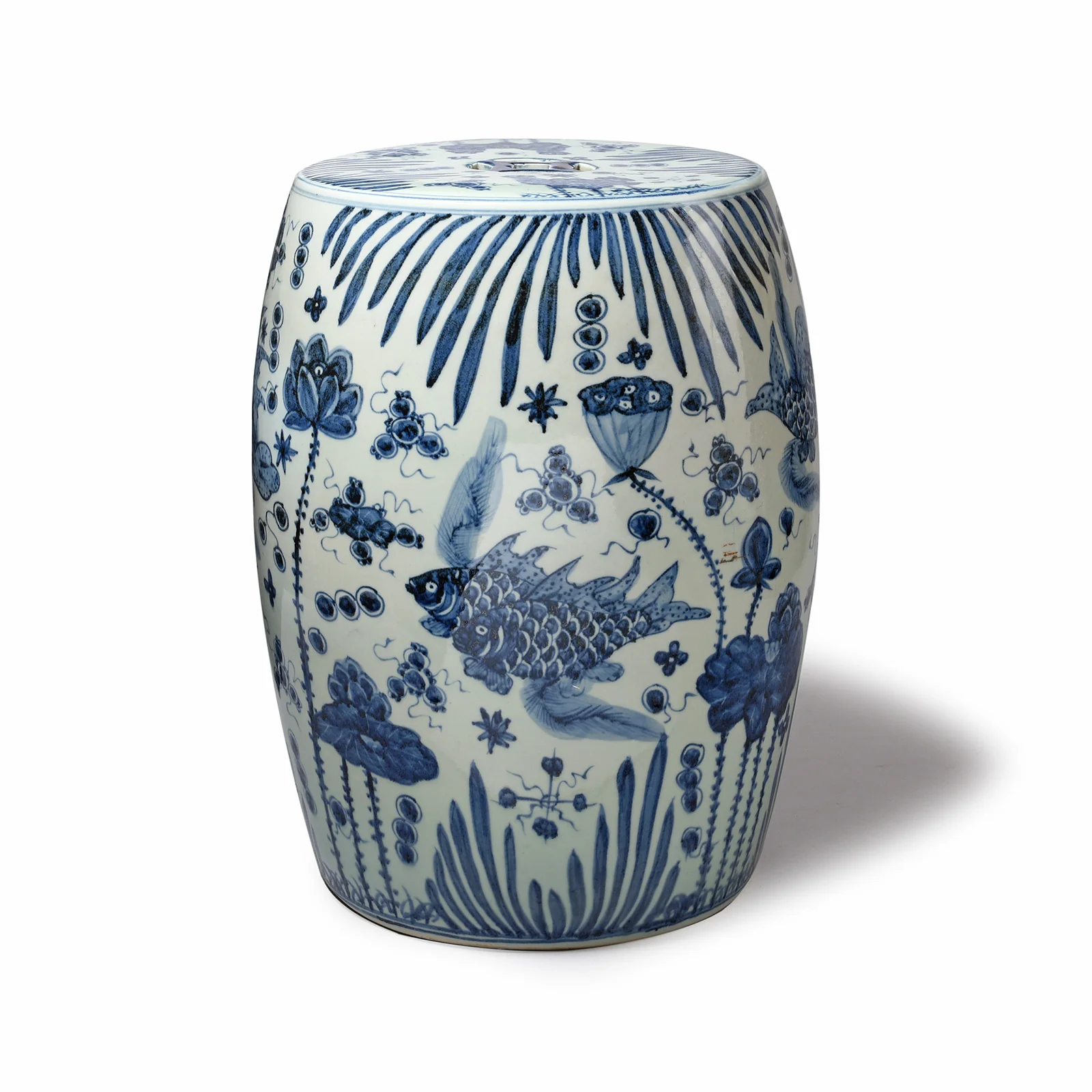 Blue & White Porcelain Stool - Fish Design