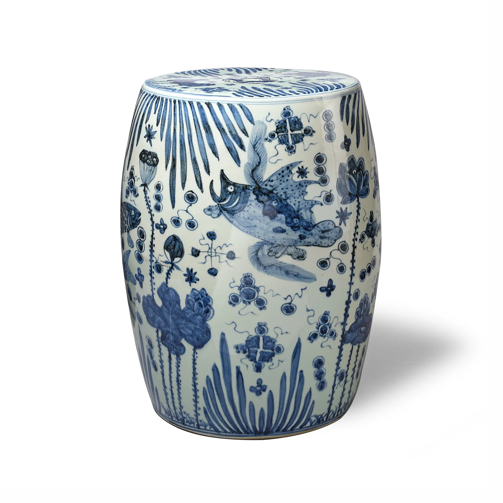 Blue & White Porcelain Stool - Fish Design - Image 2