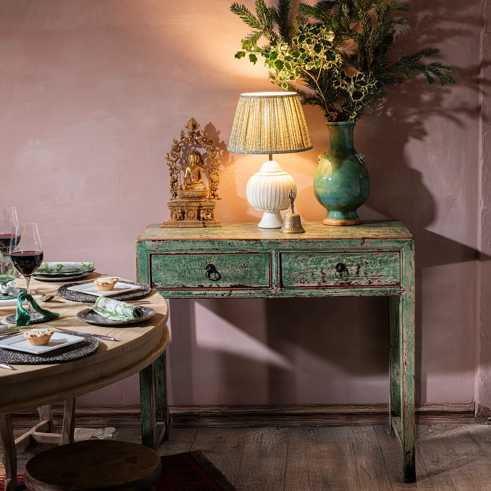 Green Lacquer 2 Drawer Console Table - Image 2