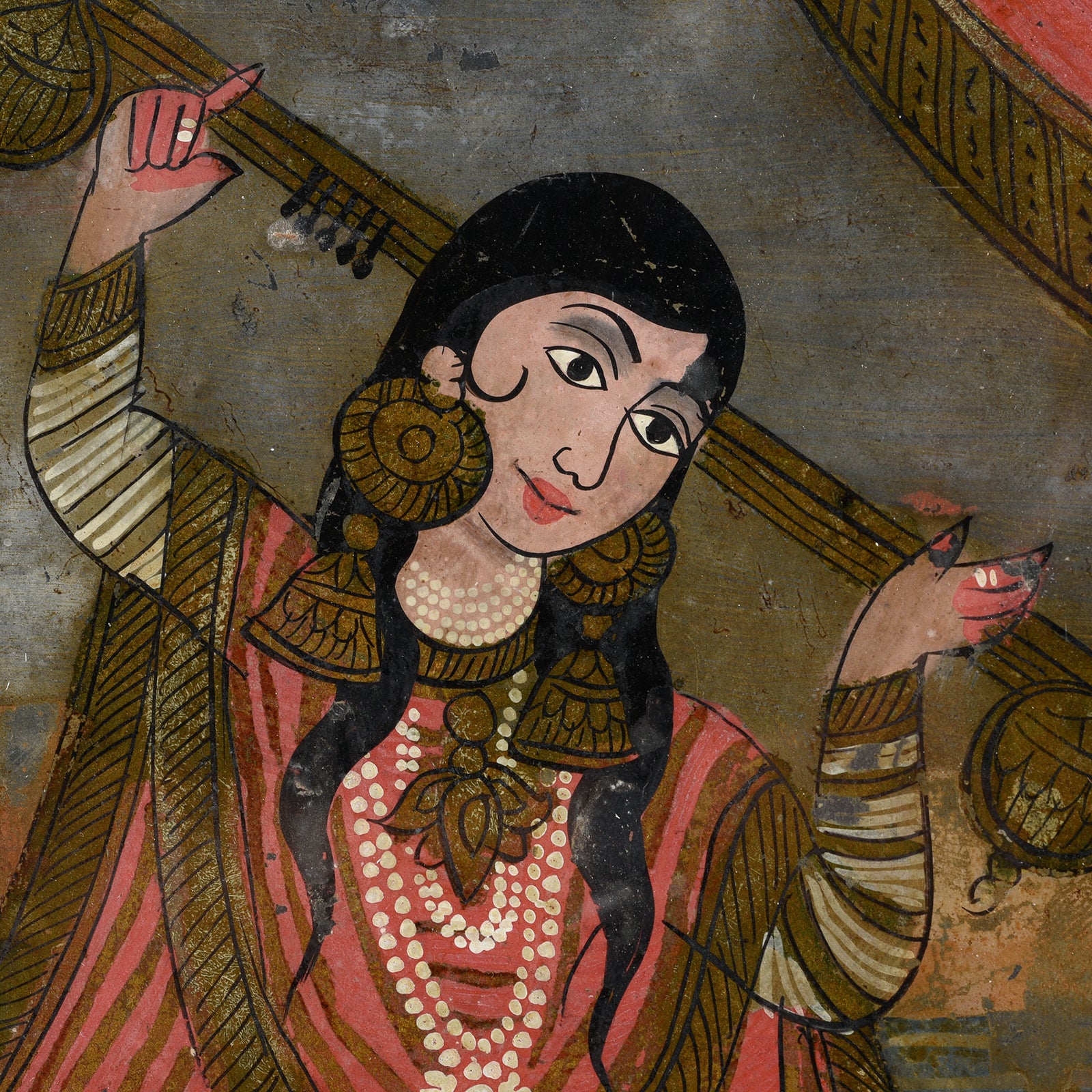 Tanjore Reverse Glass Painting Of Saraswati Playing A Veena - 19thC - Image 2