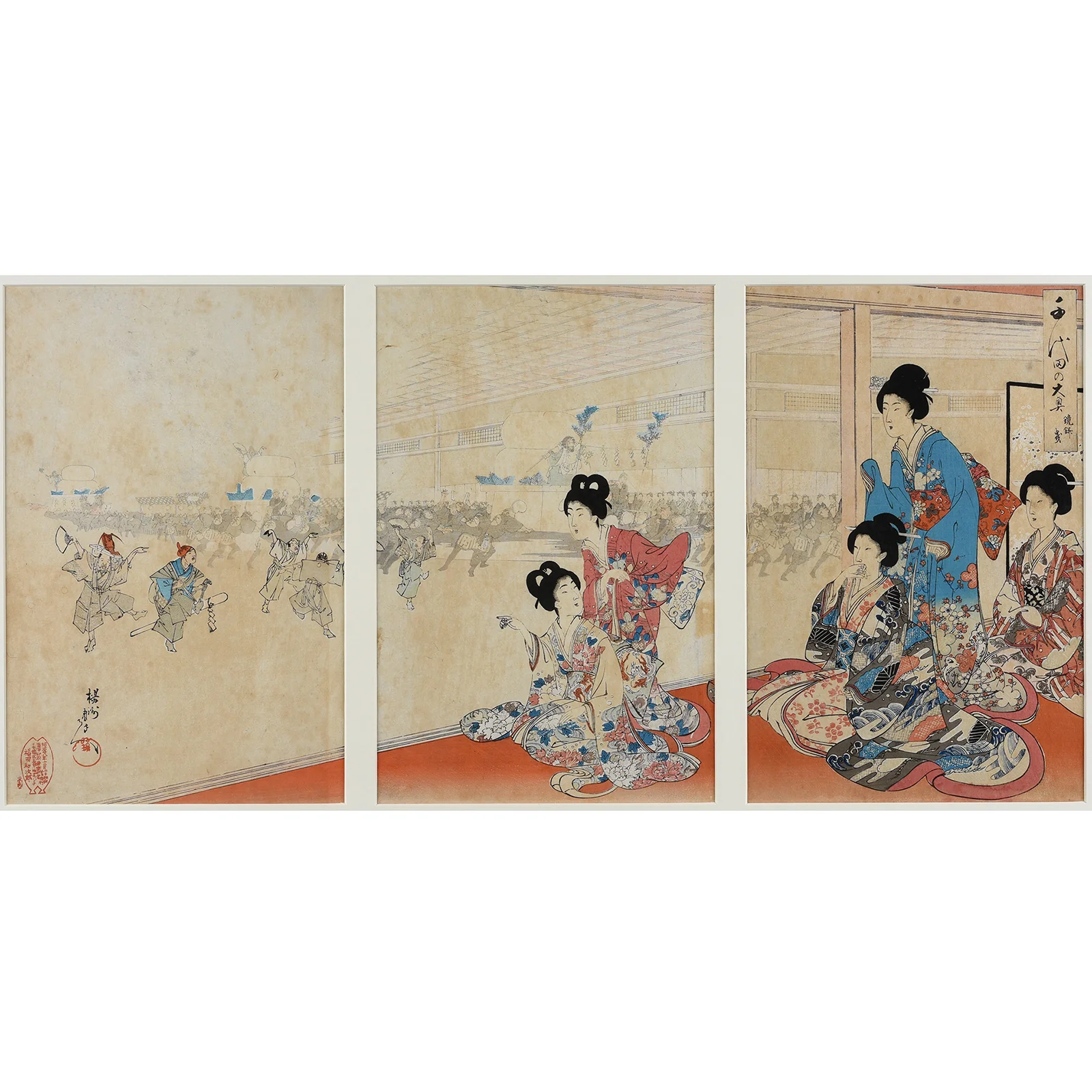 'Rice Cake Parade' Original Woodblock Triptych by Yōshū (Hashimoto) Chikanobu - Ca 1895 - Image 4