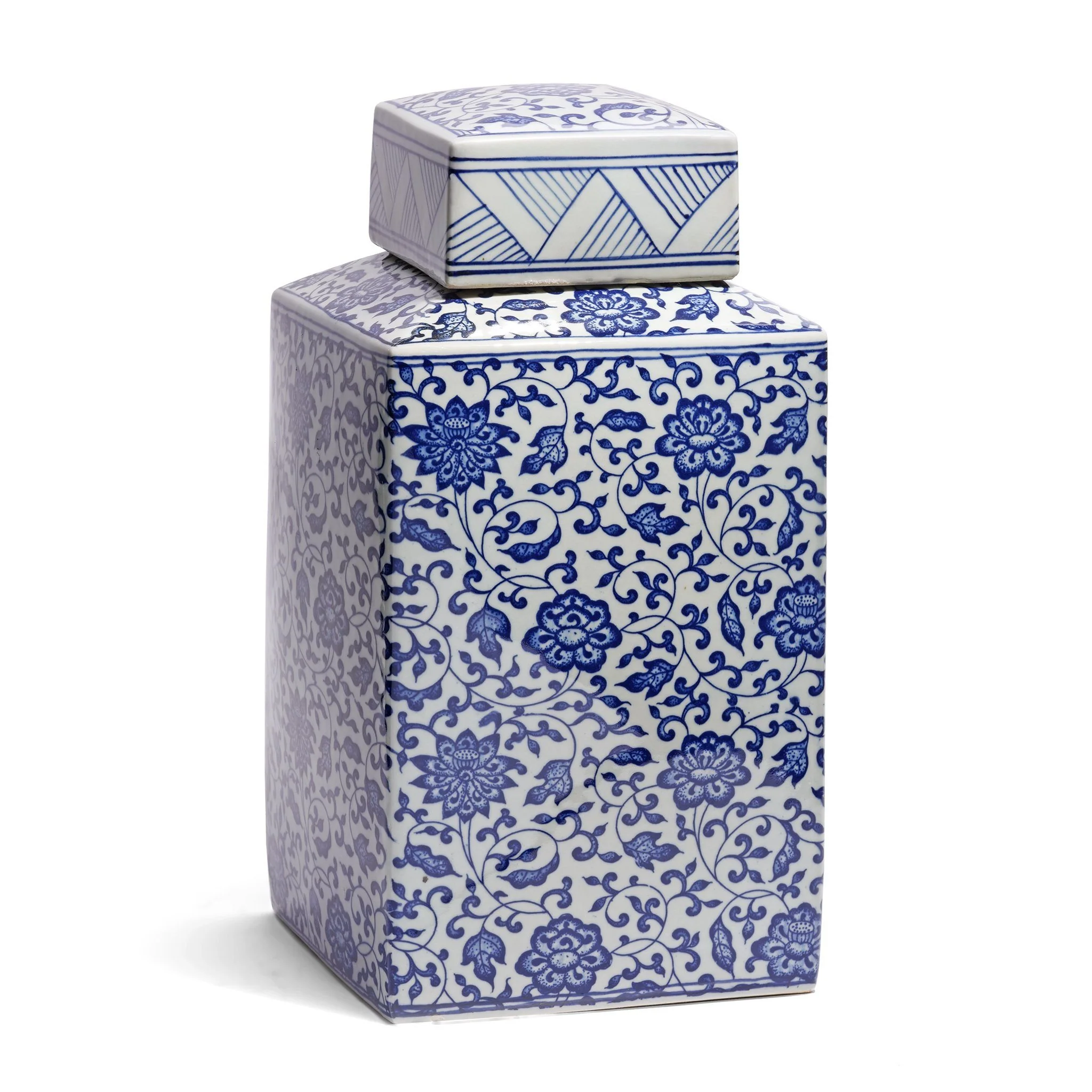 Blue & White Porcelain Square Tea Caddy - Peony Design - Image 2