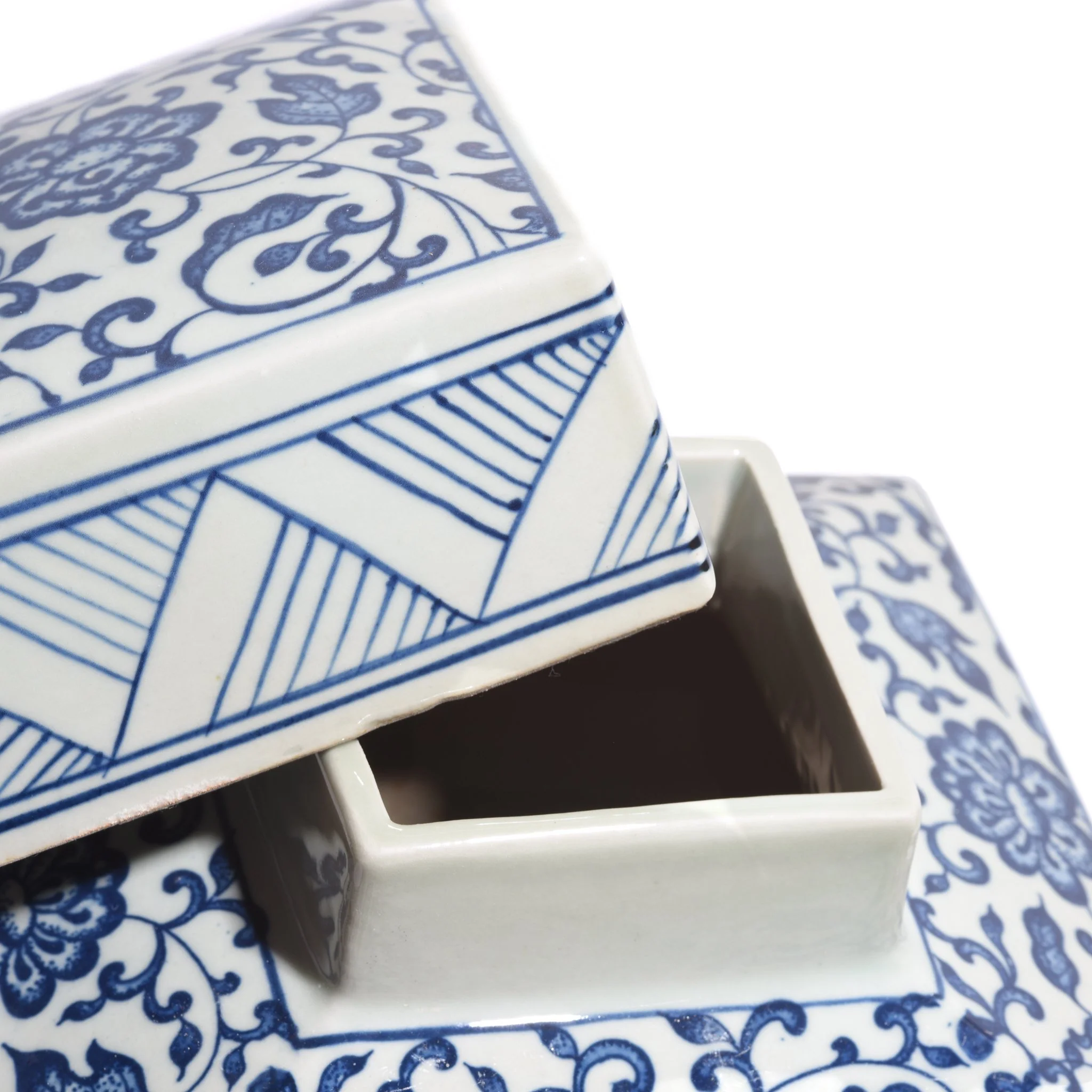 Blue & White Porcelain Square Tea Caddy - Peony Design - Image 3