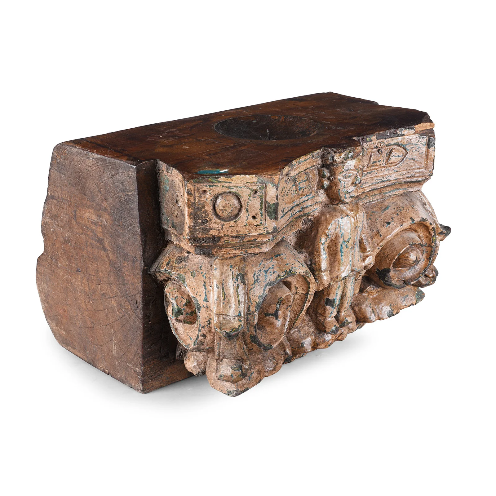 Carved Teak Capitol Candlestand From Gujarat - Late 19th Century - Image 3