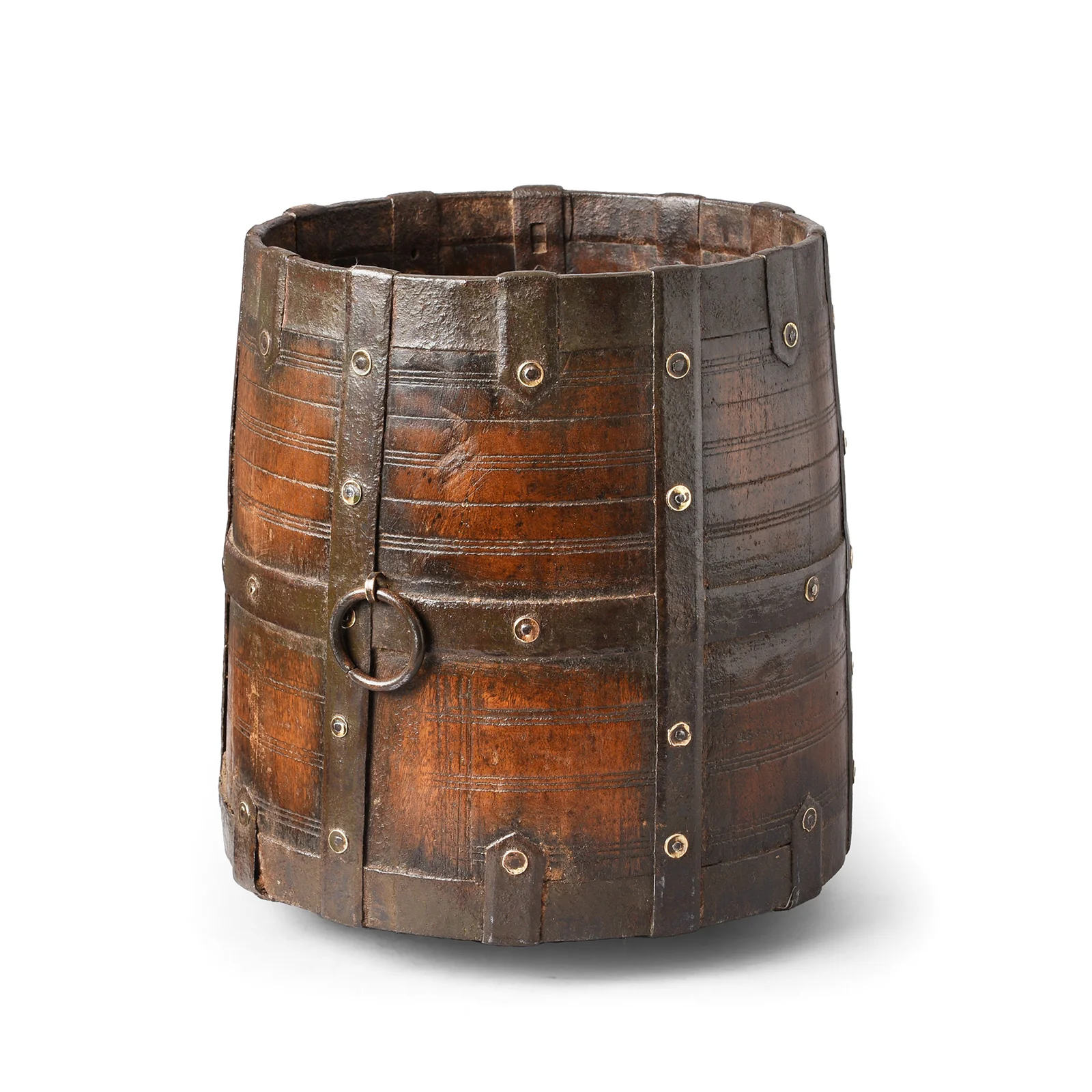 Teak & Iron Grain Measure From Rajasthan - 19th Century