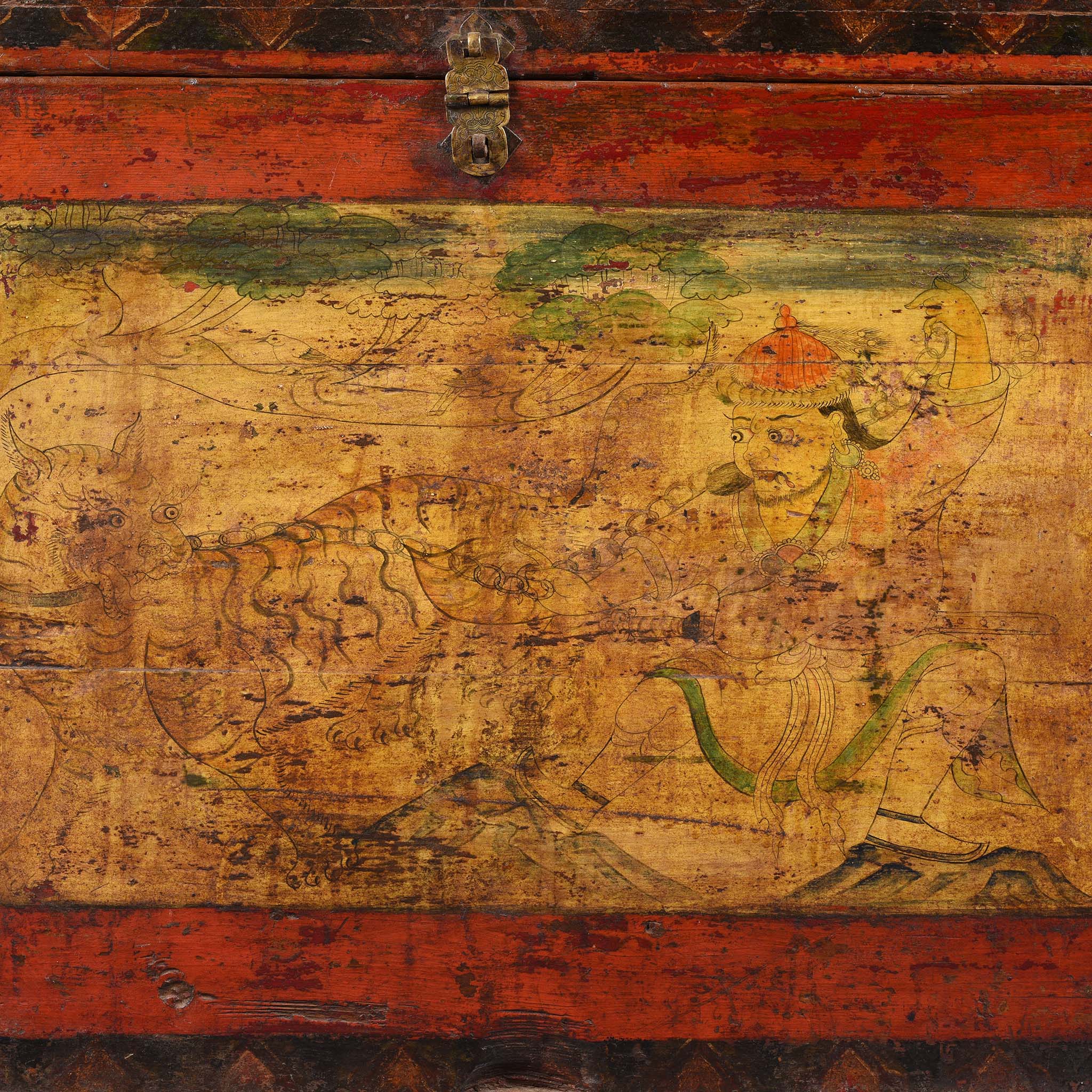 Tibetan Painted Chest of Güsh Khaan With Tiger - Late 18th Century - Image 4
