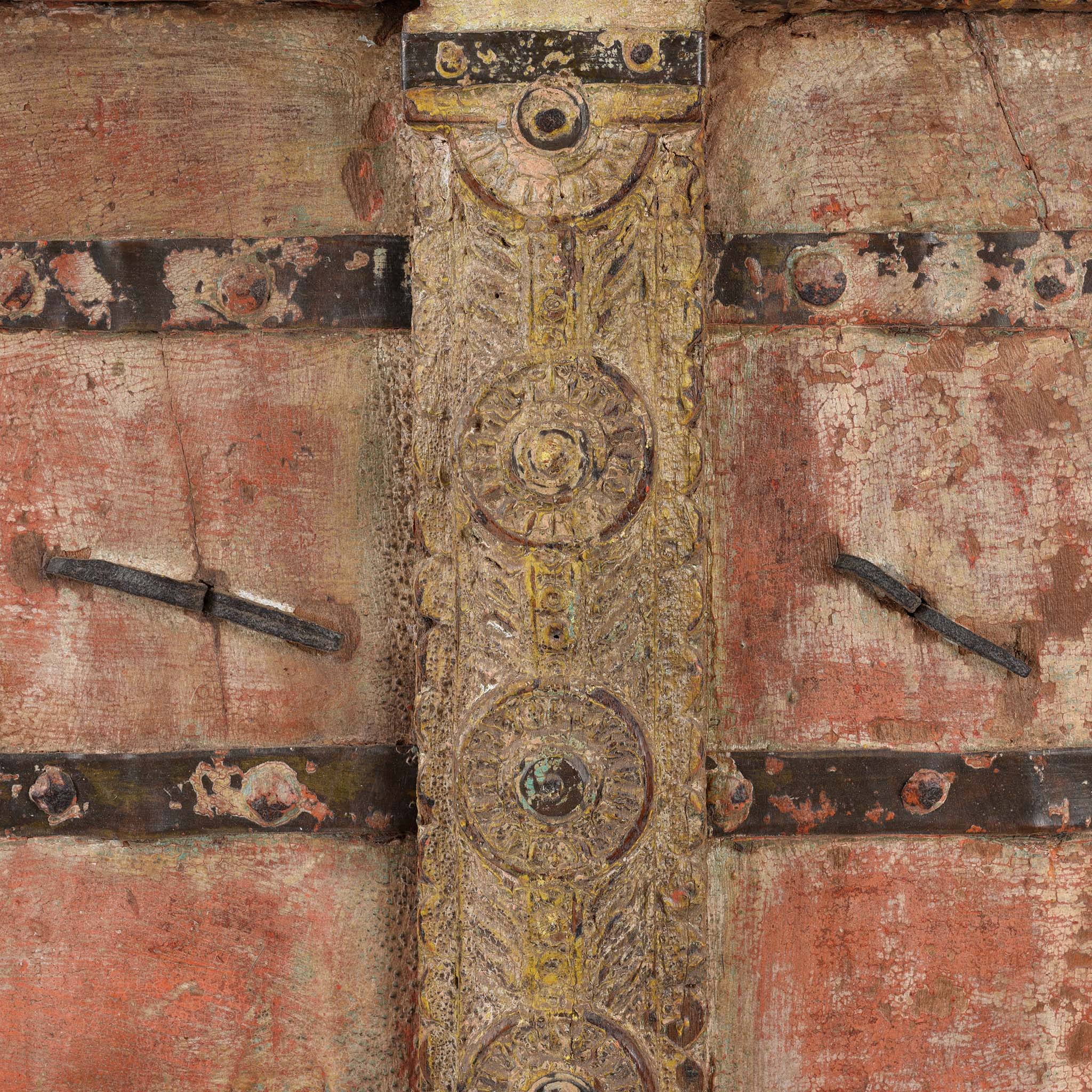 Vermillion Teak Painted Window Shutter From Gujarat - 18thC - Image 3