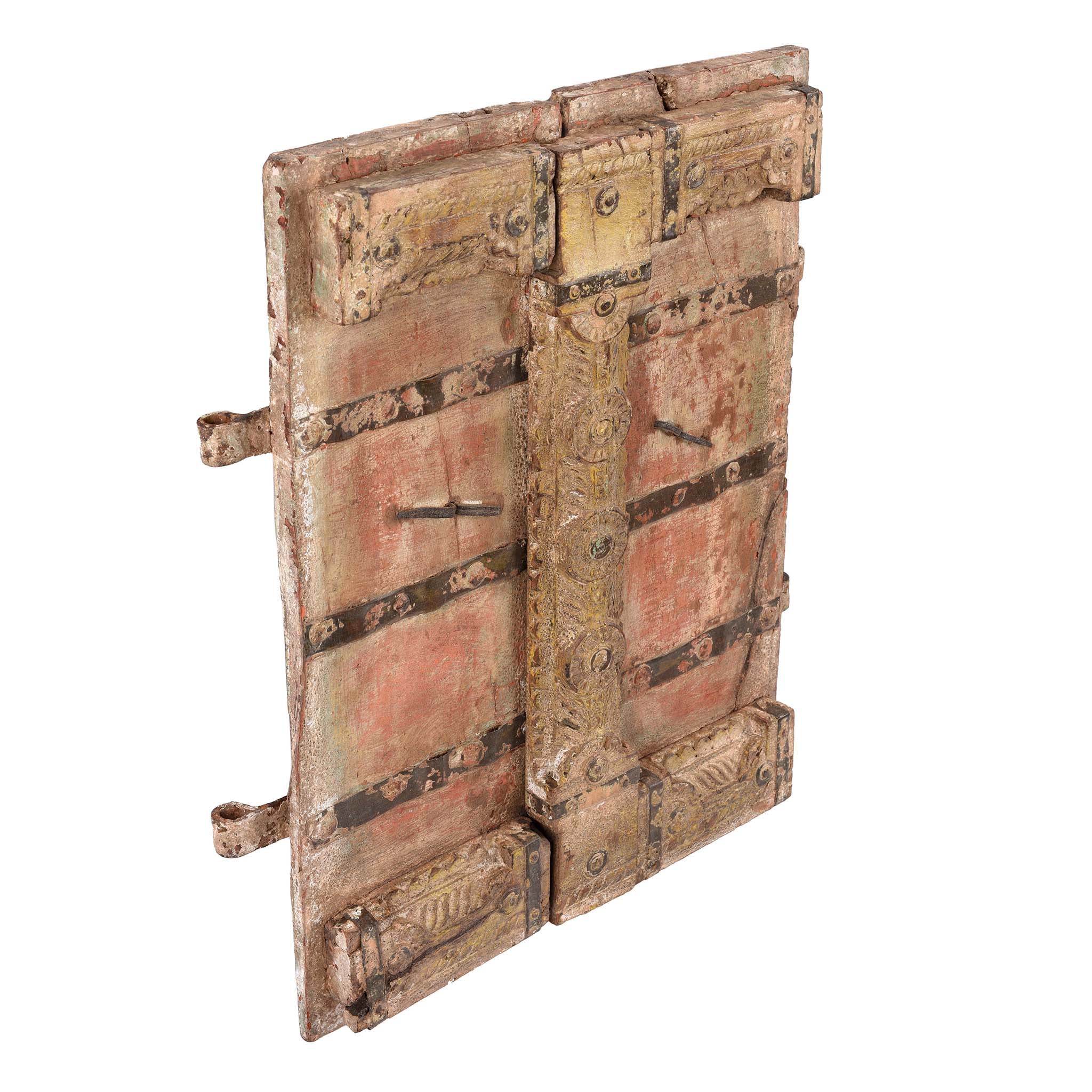 Vermillion Teak Painted Window Shutter From Gujarat - 18thC - Image 4