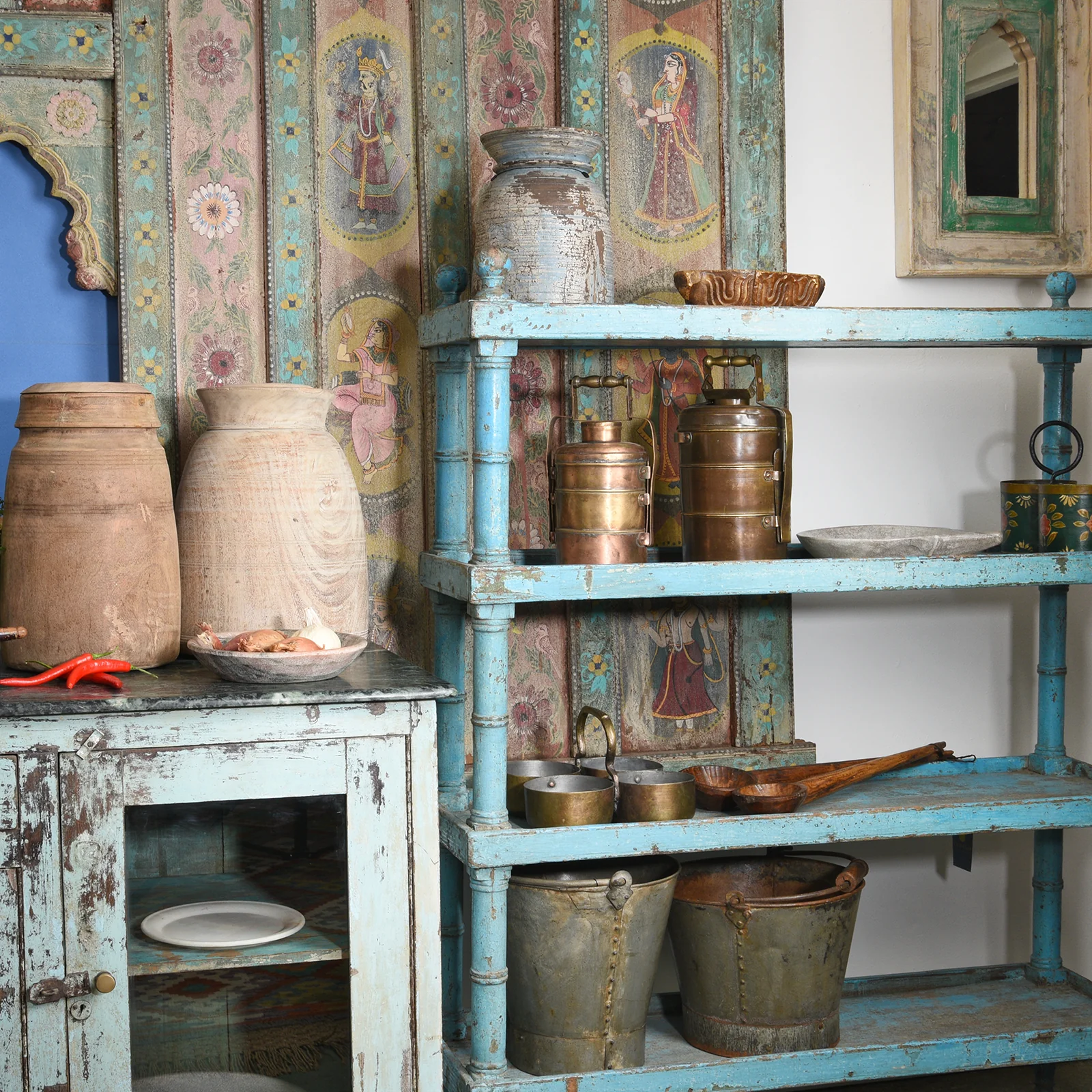 Vintage Blue Painted Indian Teak Shelf - Ca 1930 - Image 2