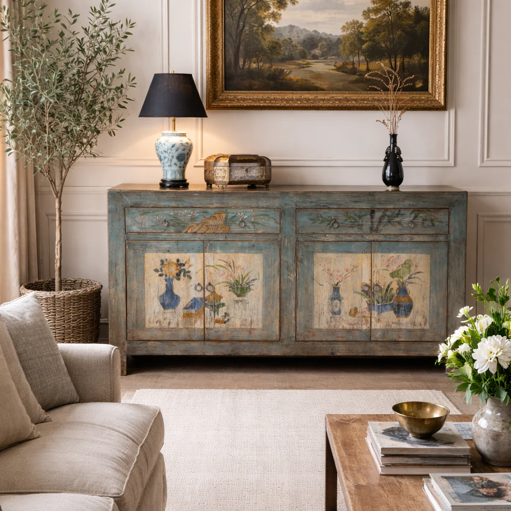 Vintage Blue Painted Sideboard From Shanxi