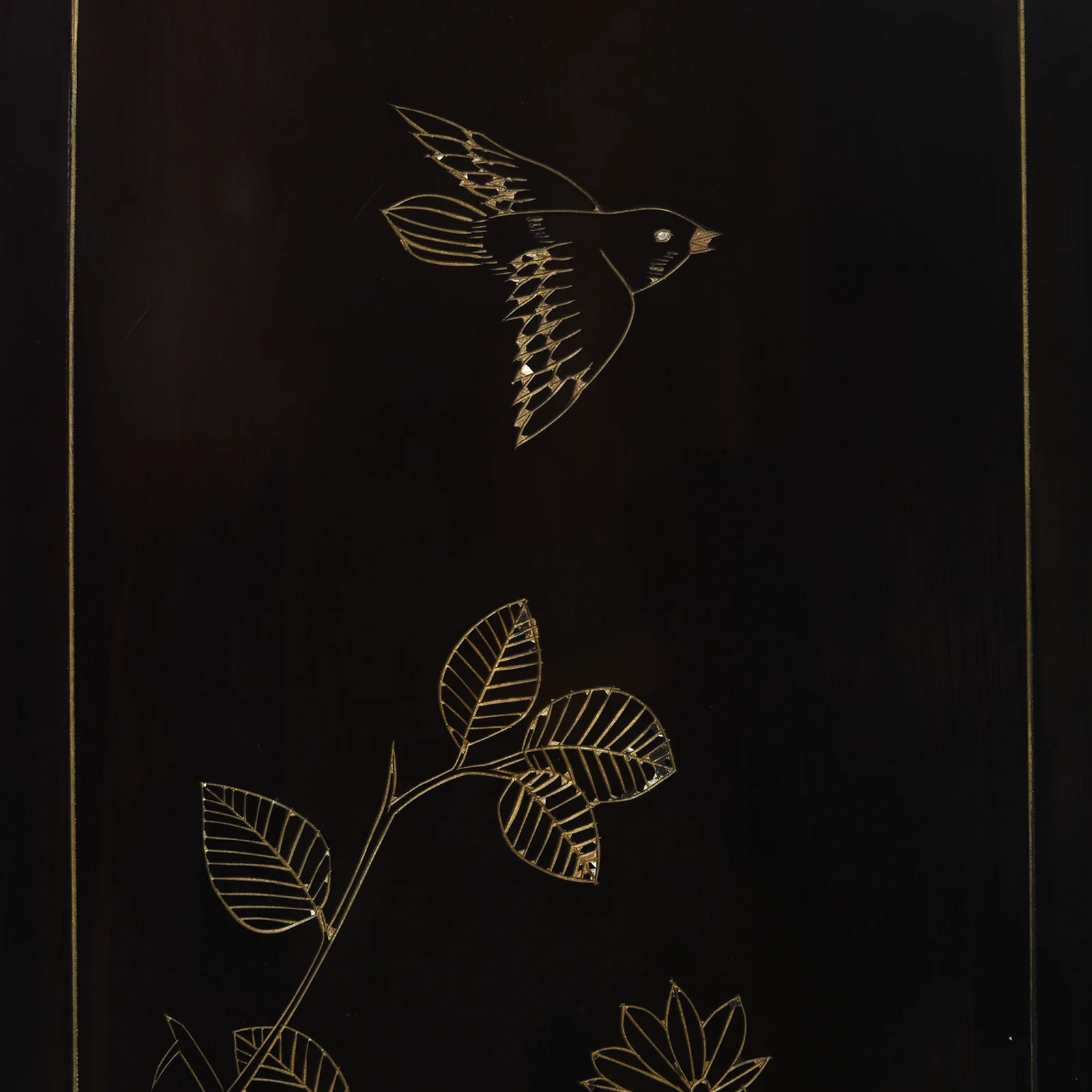 Vintage Chinese Black Lacquer Screen with Birds & Blossom - 1970's - Image 10