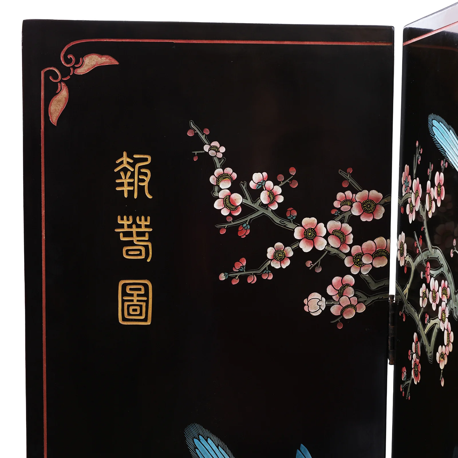 Vintage Chinese Black Lacquer Screen with Birds & Blossom - 1970's - Image 3