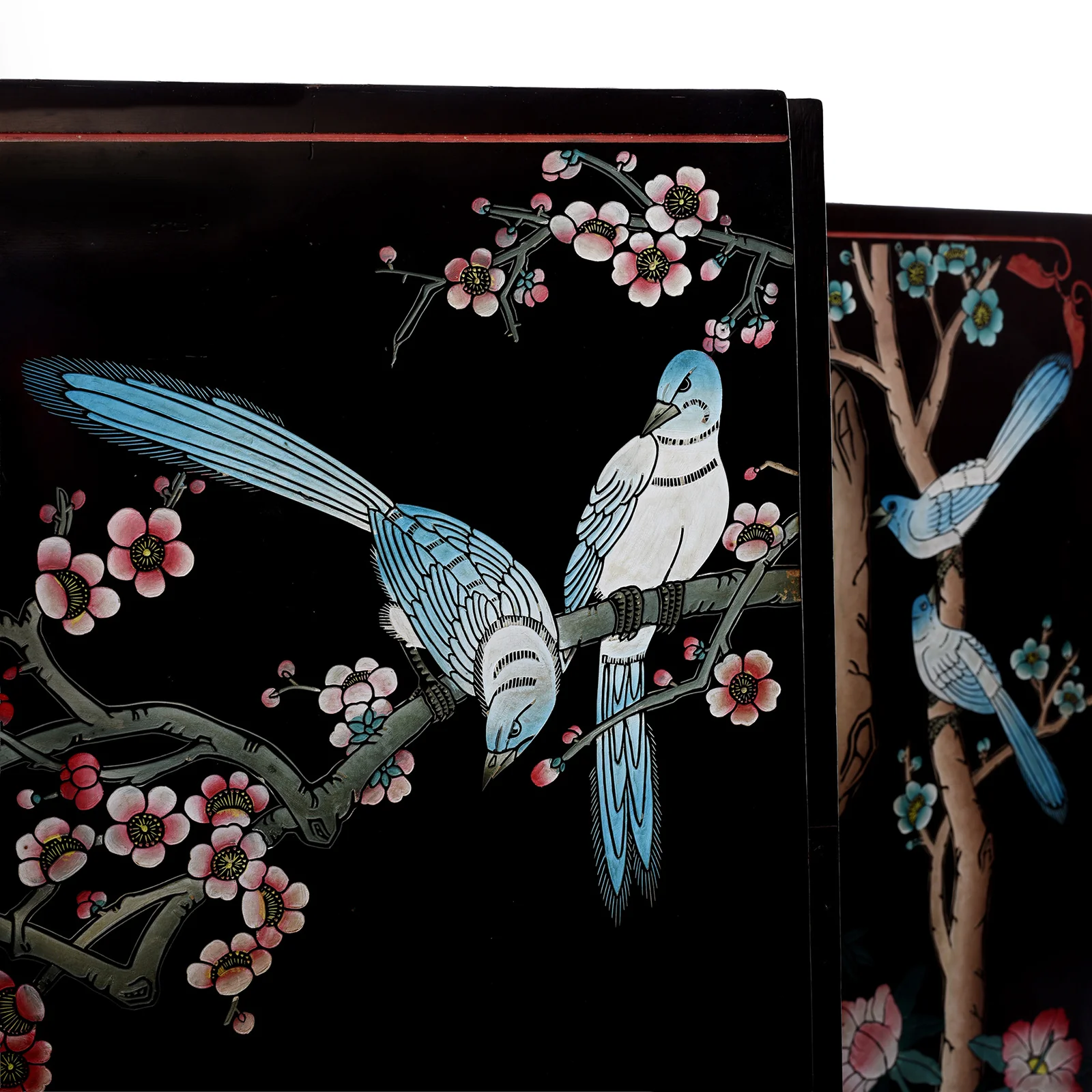 Vintage Chinese Black Lacquer Screen with Birds & Blossom - 1970's - Image 6
