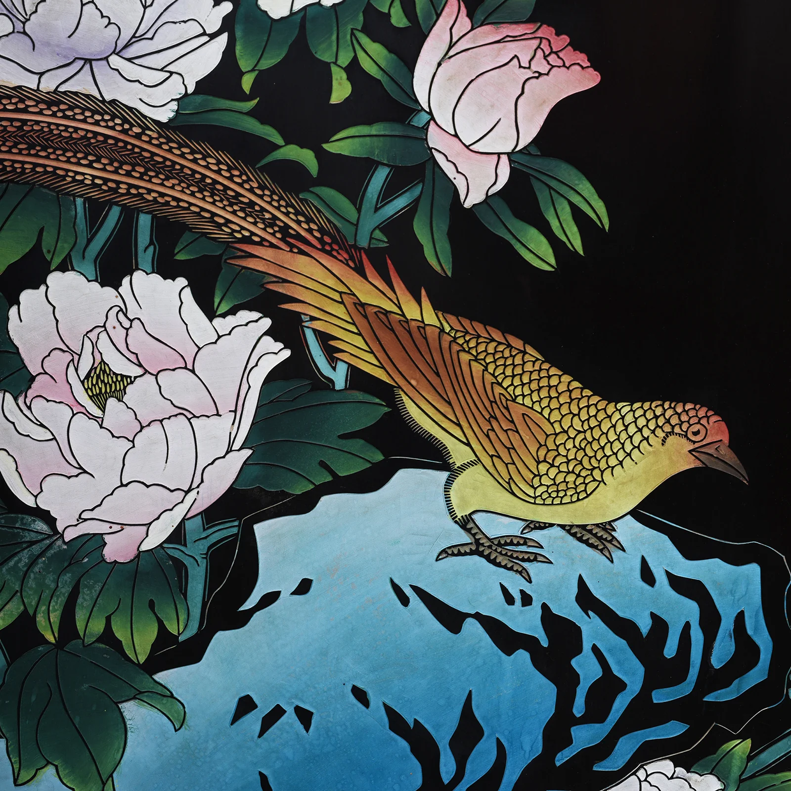 Vintage Chinese Black Lacquer Screen with Birds & Blossom - 1970's - Image 7