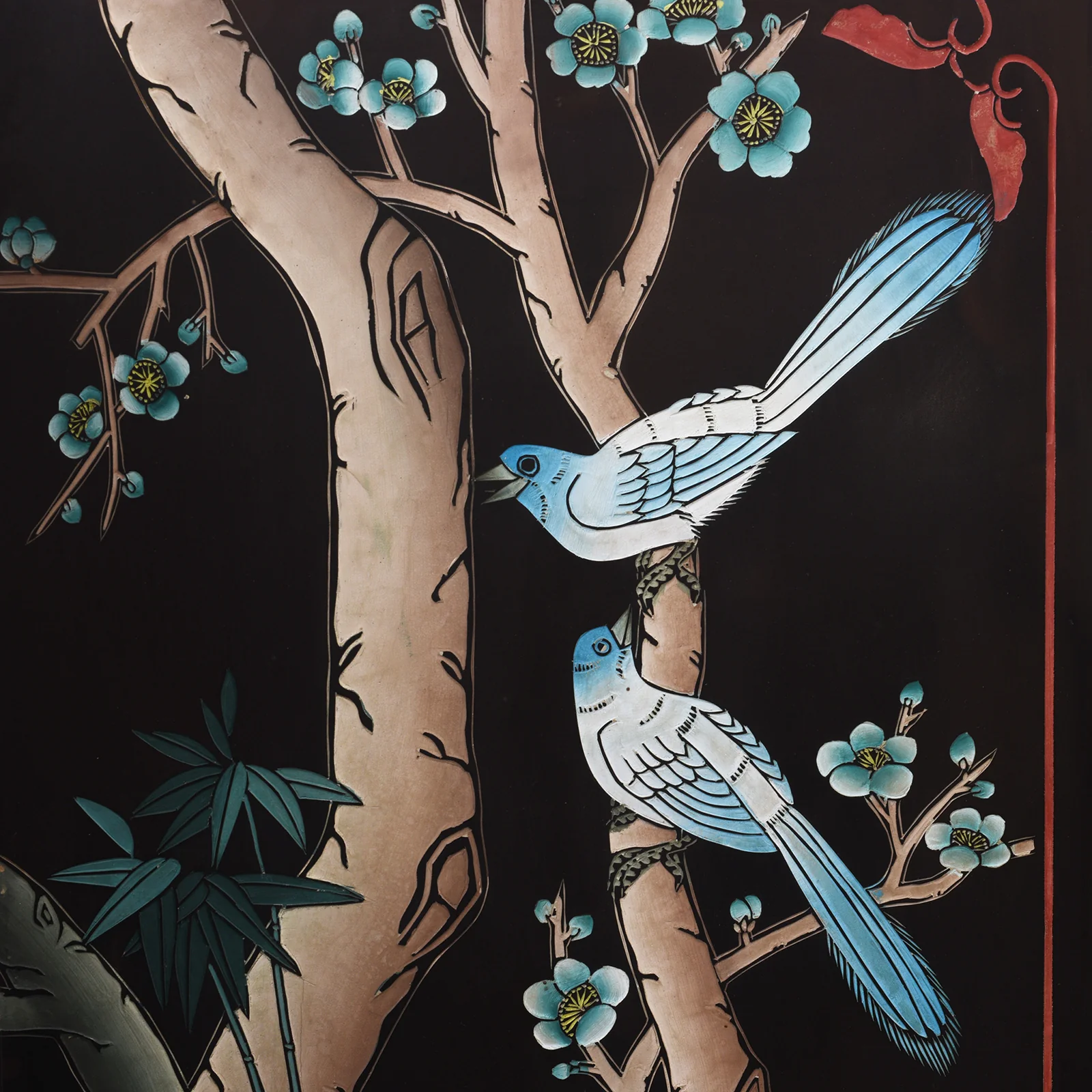 Vintage Chinese Black Lacquer Screen with Birds & Blossom - 1970's - Image 9