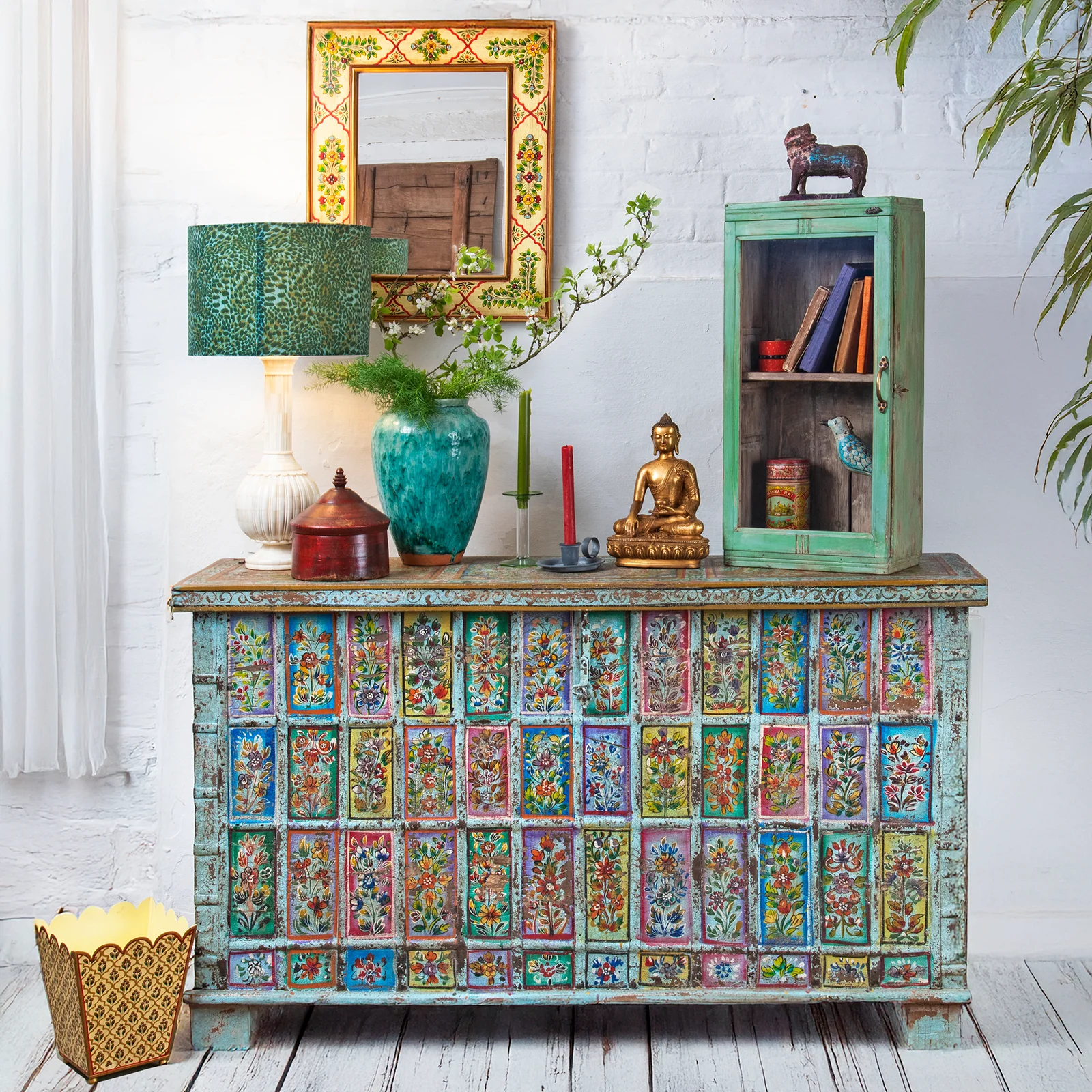 Vintage Painted Indian Pithara Console Chest