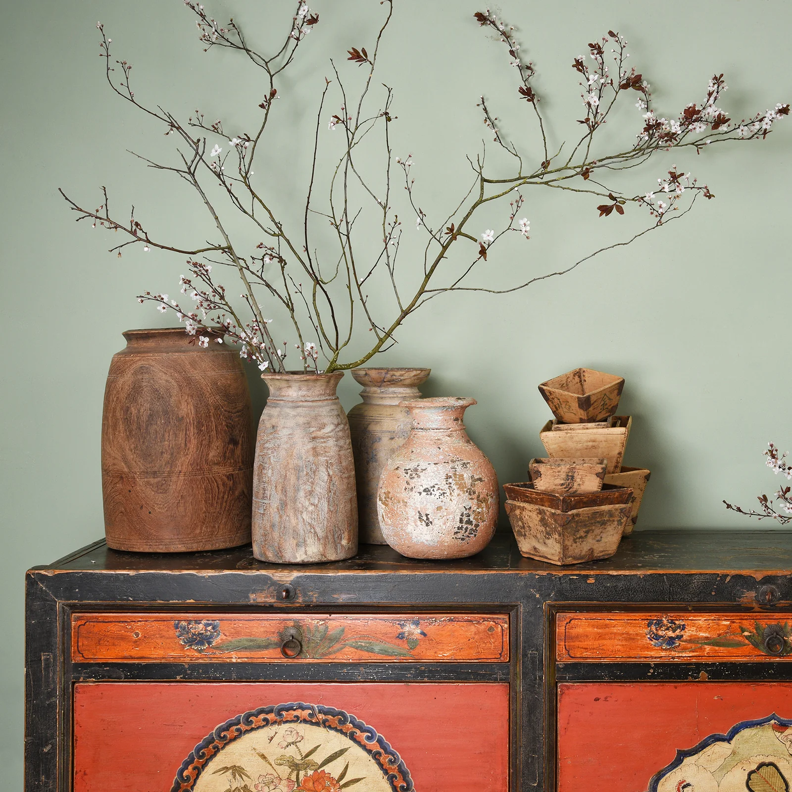 Vintage Painted Wood Pots From Kullu - Image 3