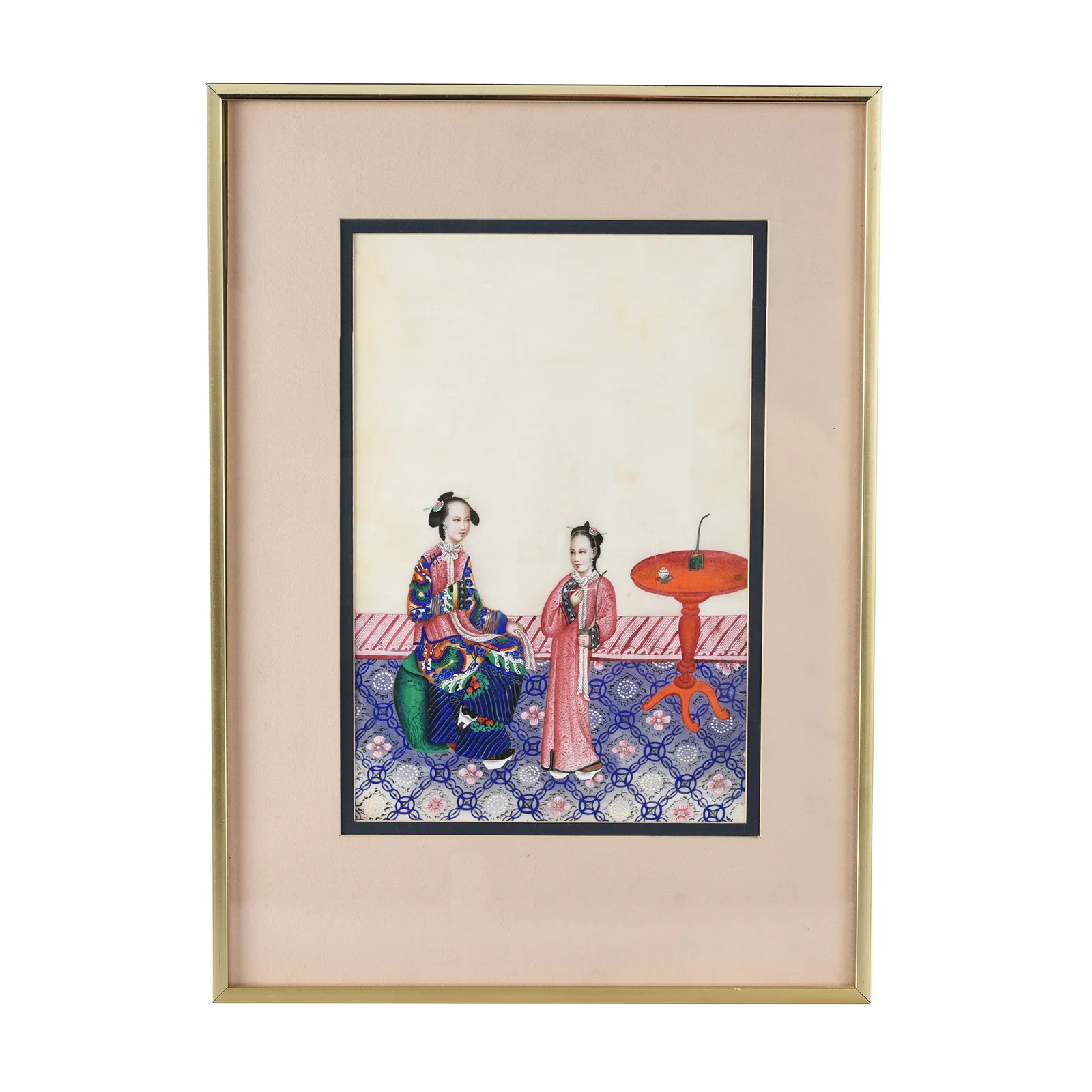 Chinese Watercolour Painting - A Domestic Scene on Pith Paper - 19th Century